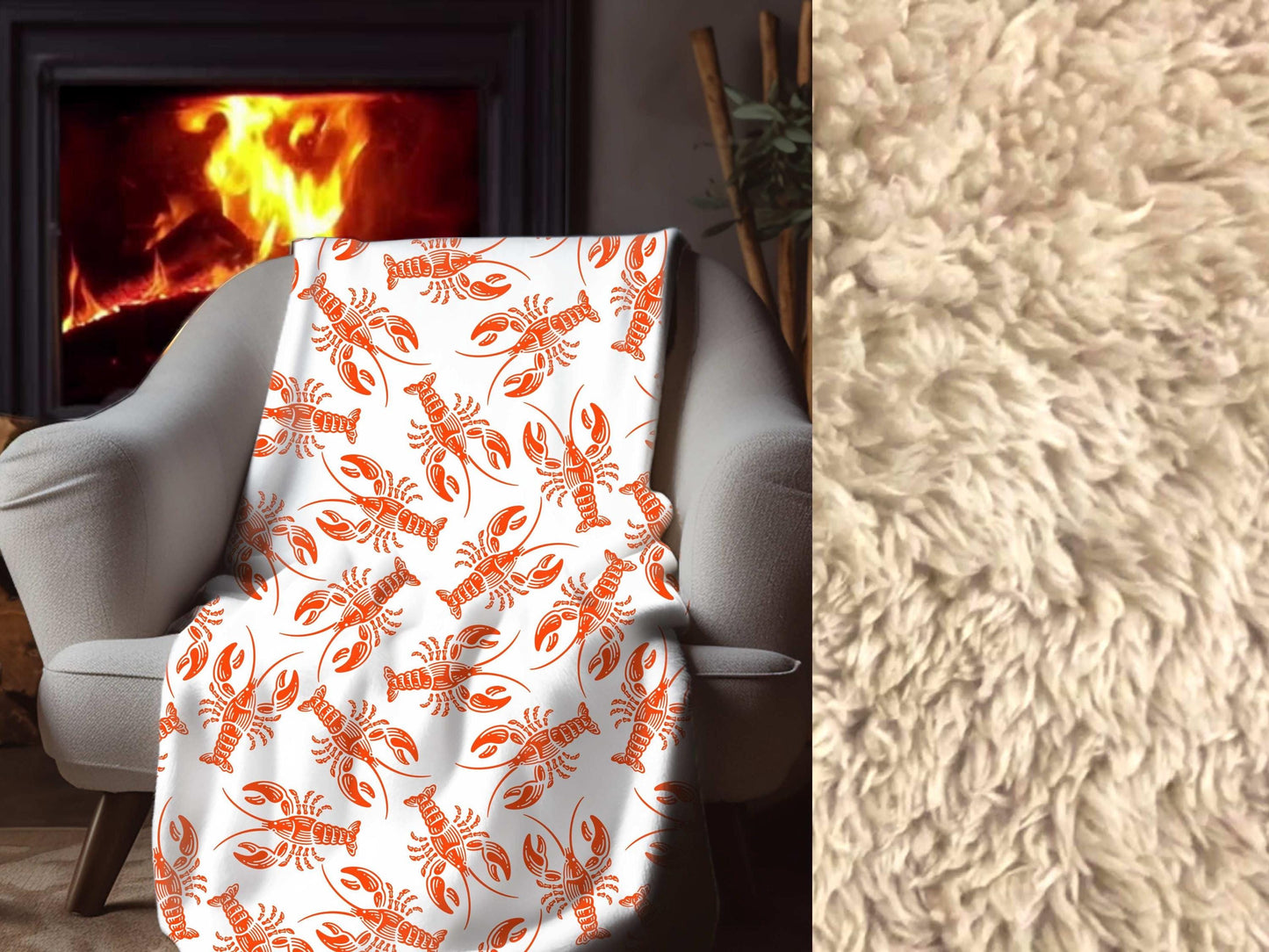 Sherpa Throw Blanket - Nautical New England Red Lobsters Pattern - Soft Plush Throw Blanket-Jacobson Cottage
