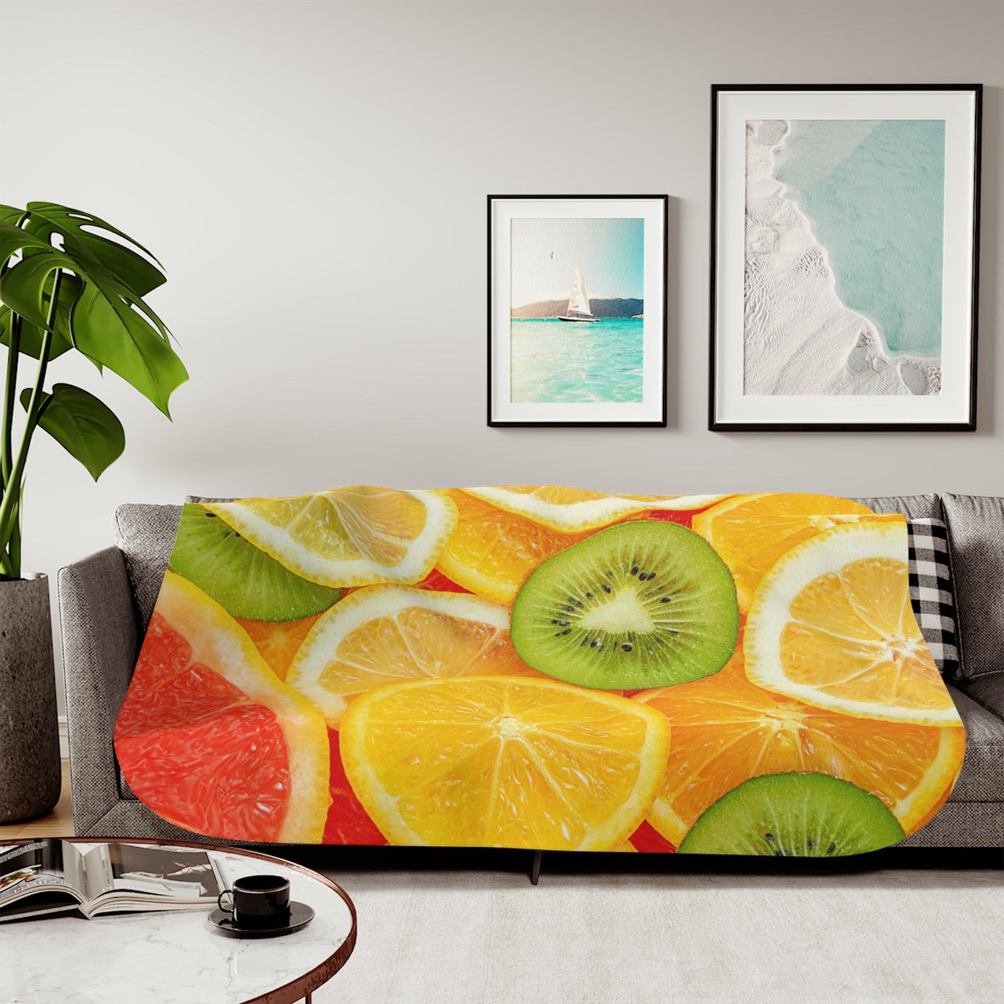 Sherpa Throw Blanket - Colorful Fruit Pattern with Kiwi, Lemon, Orange & Grapefruit Tropical - Soft Plush Throw Blanket-Jacobson Cottage