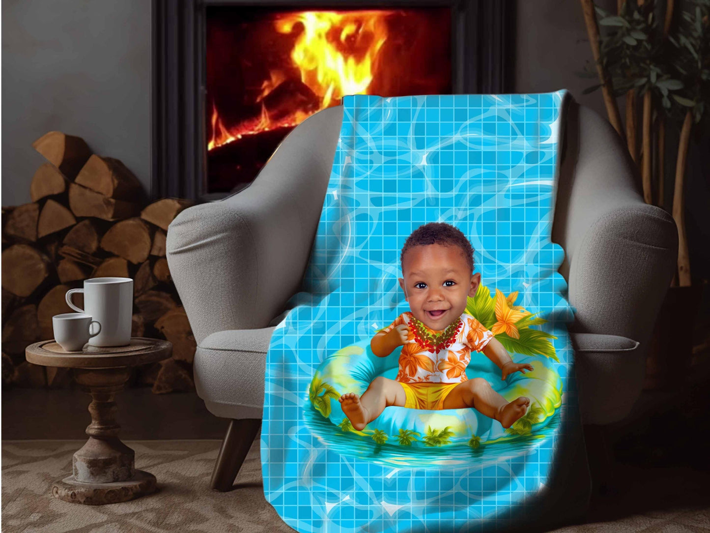 Sherpa Throw Blanket - Custom Baby Face on Baby on Pool Float caricature Tropical Summer Design - Soft Plush Throw Blanket-Jacobson Cottage