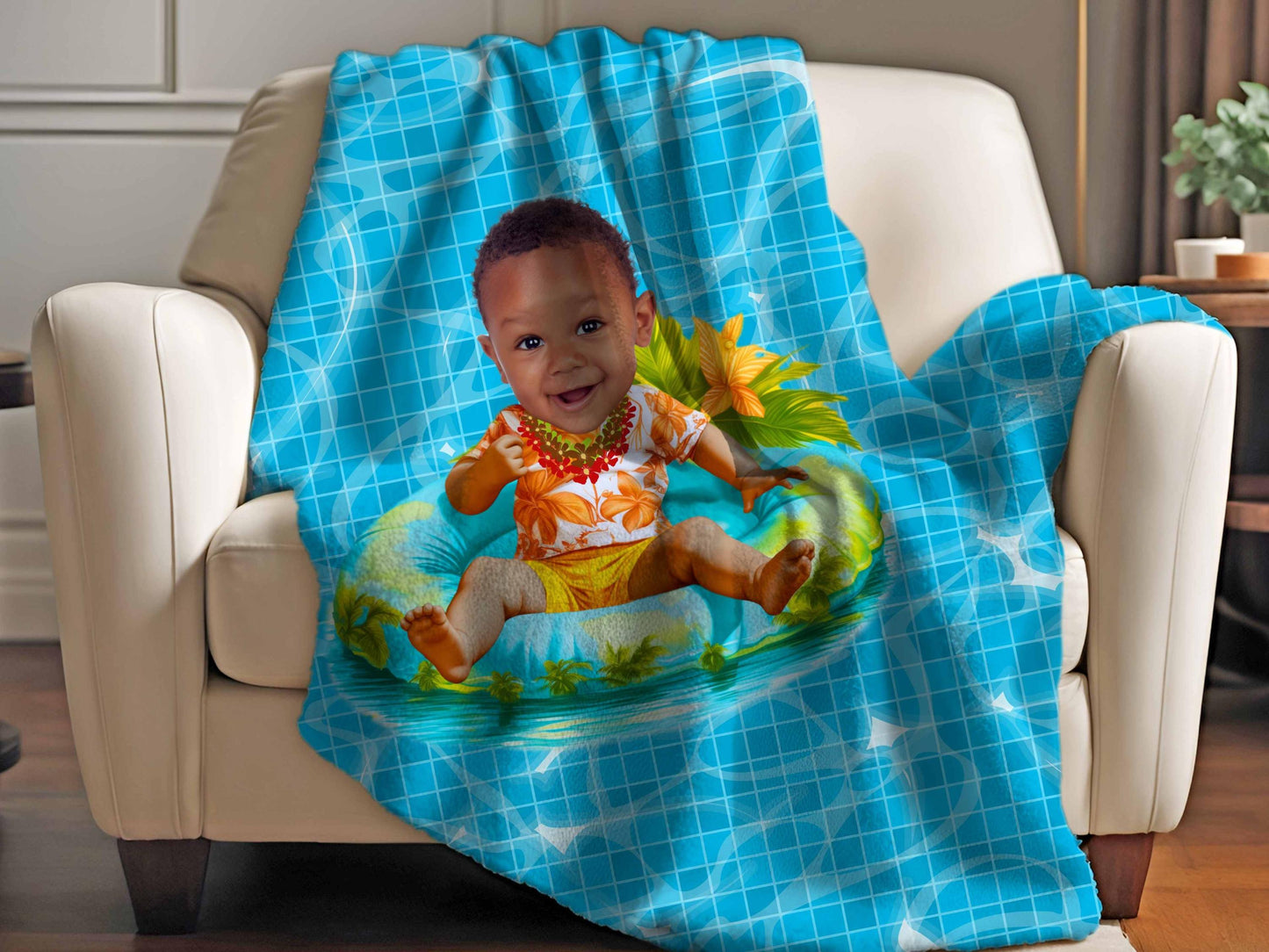 Sherpa Throw Blanket - Custom Baby Face on Baby on Pool Float caricature Tropical Summer Design - Soft Plush Throw Blanket-Jacobson Cottage