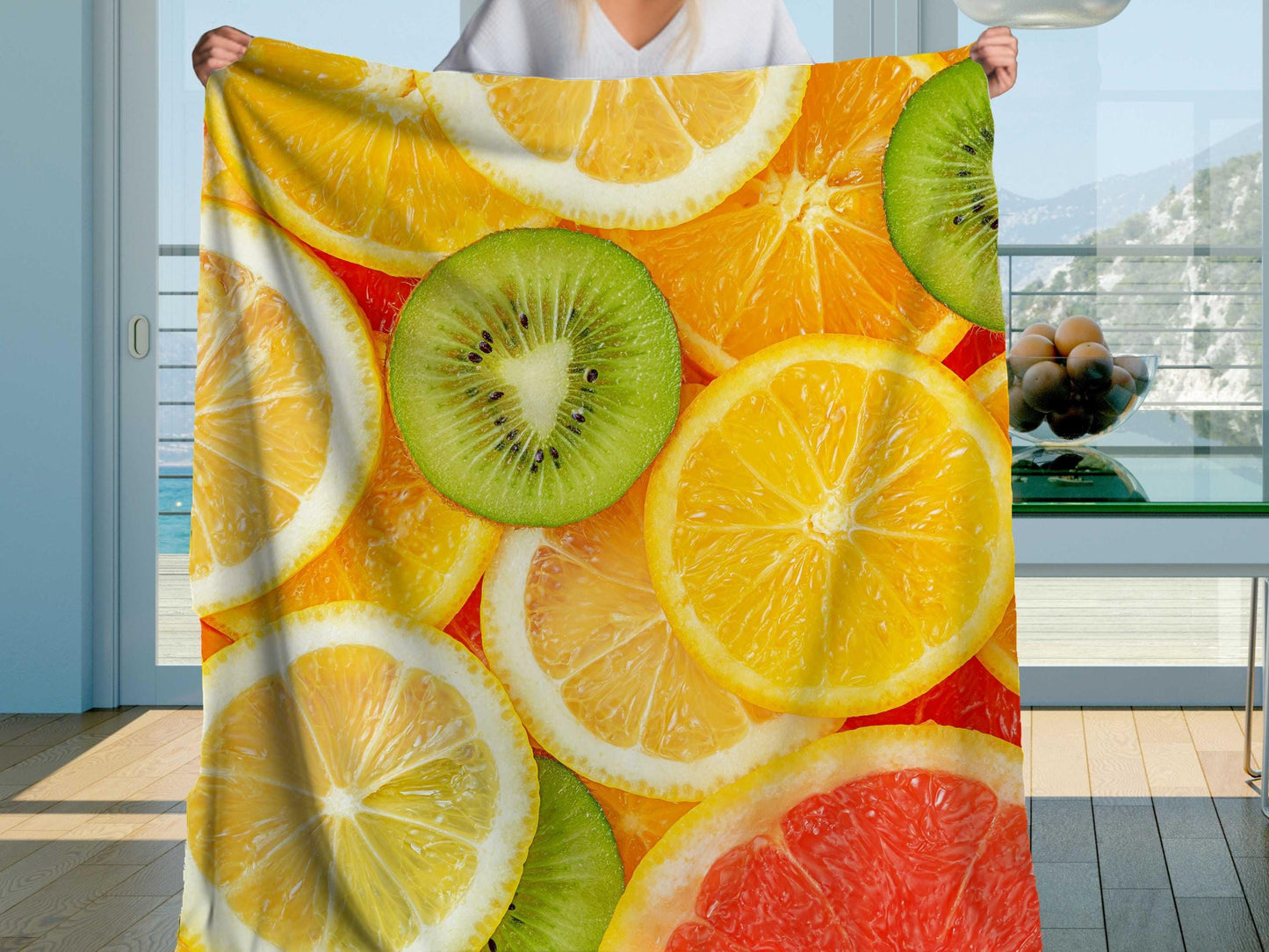 Sherpa Throw Blanket - Colorful Fruit Pattern with Kiwi, Lemon, Orange & Grapefruit Tropical - Soft Plush Throw Blanket-Jacobson Cottage