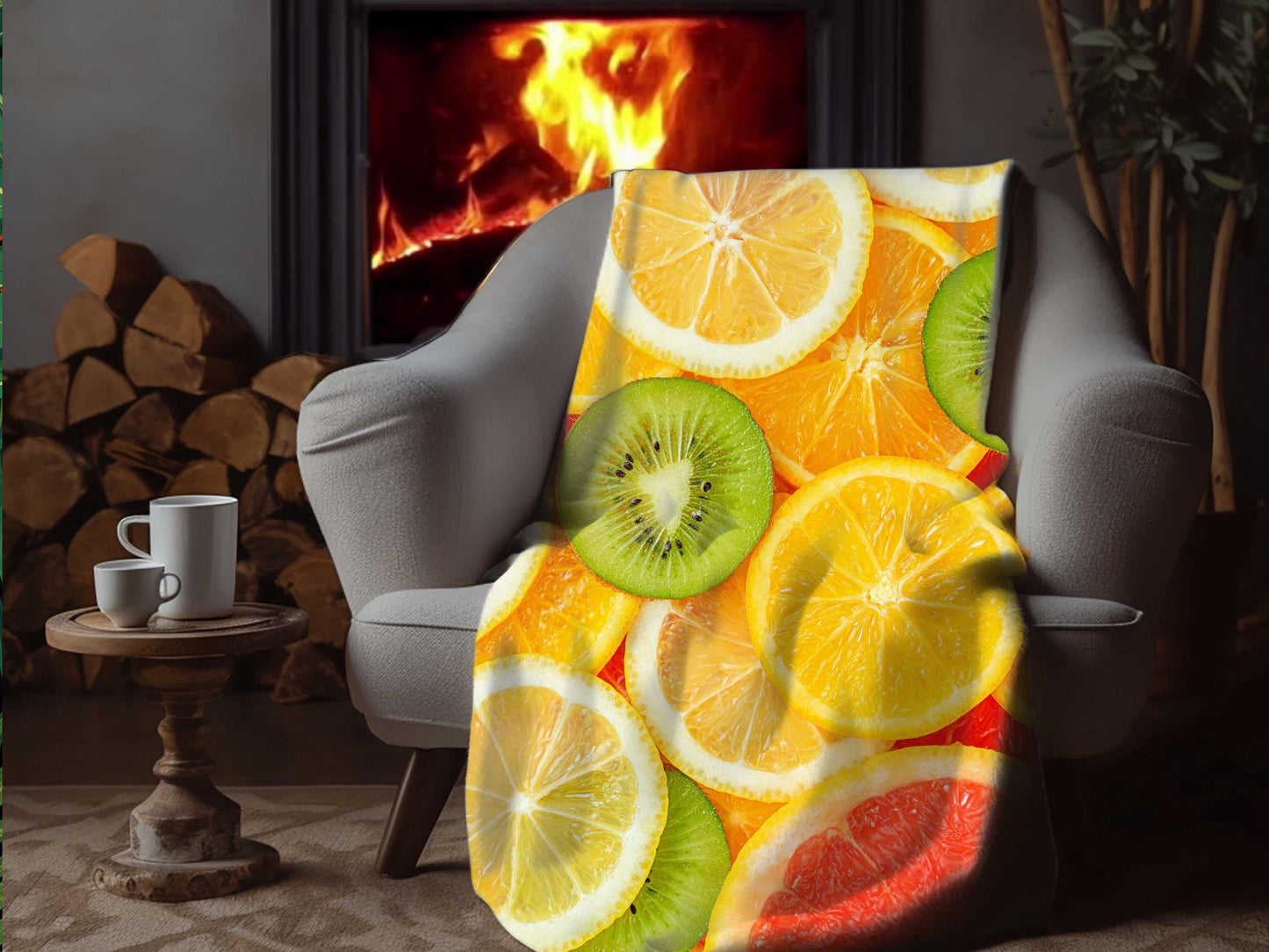 Sherpa Throw Blanket - Colorful Fruit Pattern with Kiwi, Lemon, Orange & Grapefruit Tropical - Soft Plush Throw Blanket-Jacobson Cottage