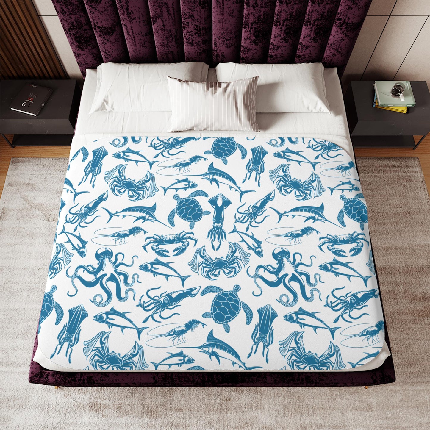 Sherpa Throw Blanket - Blue on White Ocean Sea Creatures Pattern Marine Life - Soft Plush Throw Blanket-Jacobson Cottage