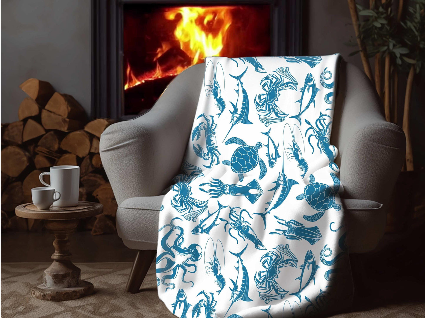 Sherpa Throw Blanket - Blue on White Ocean Sea Creatures Pattern Marine Life - Soft Plush Throw Blanket-Jacobson Cottage