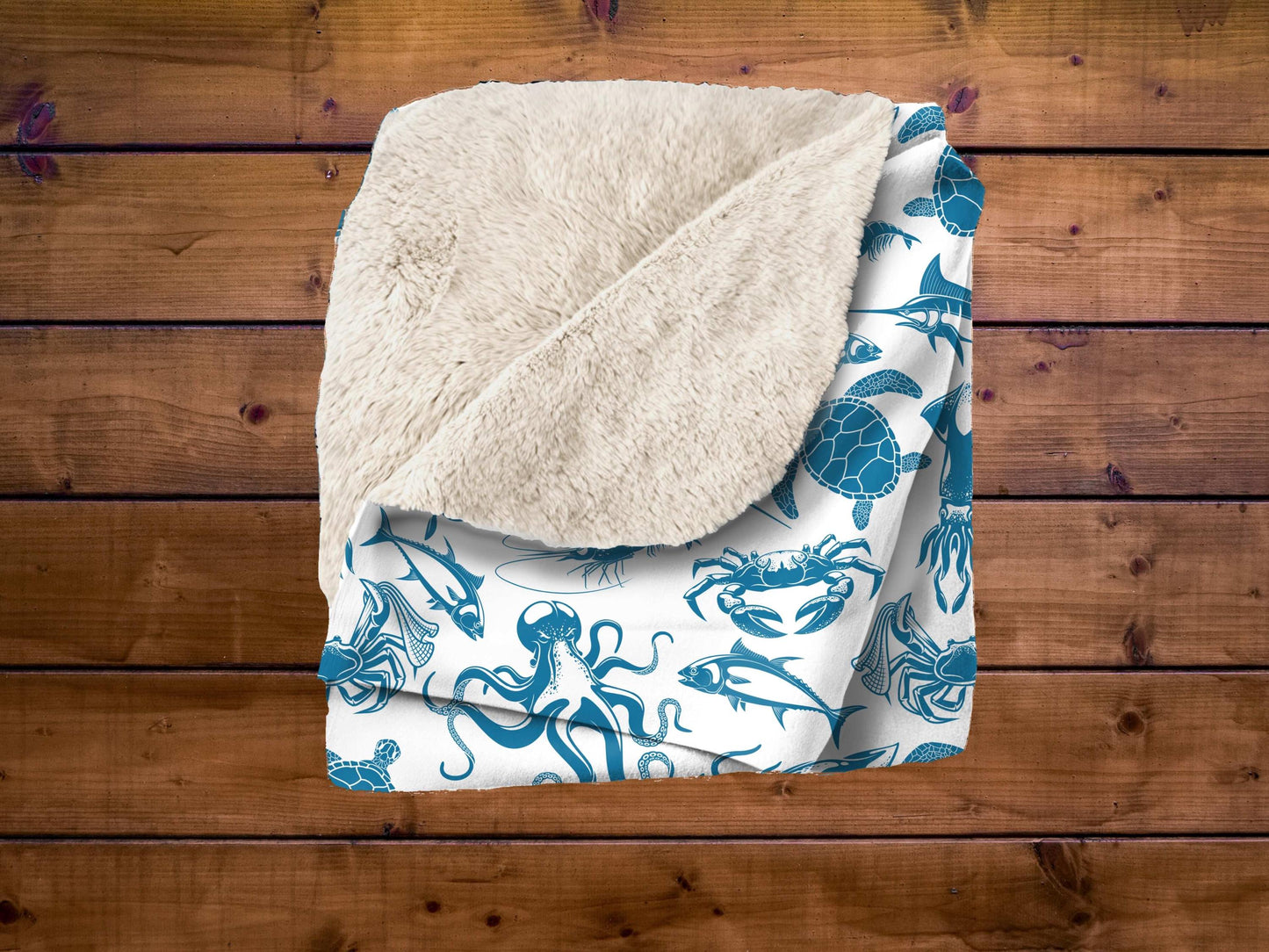 Sherpa Throw Blanket - Blue on White Ocean Sea Creatures Pattern Marine Life - Soft Plush Throw Blanket-Jacobson Cottage
