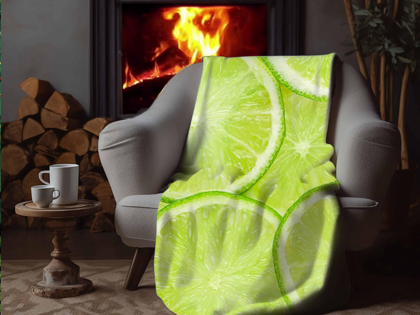 Sherpa Throw Blanket - Lemon Slice Pattern Fresh Green Citrus - Soft Plush Throw Blanket-Jacobson Cottage