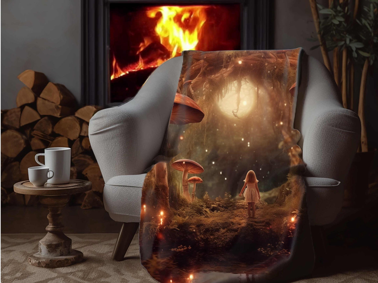 Sherpa Throw Blanket - Girl in Enchanted Mushroom Forest Fantasy Art -Soft Plush Throw Blanket-Jacobson Cottage