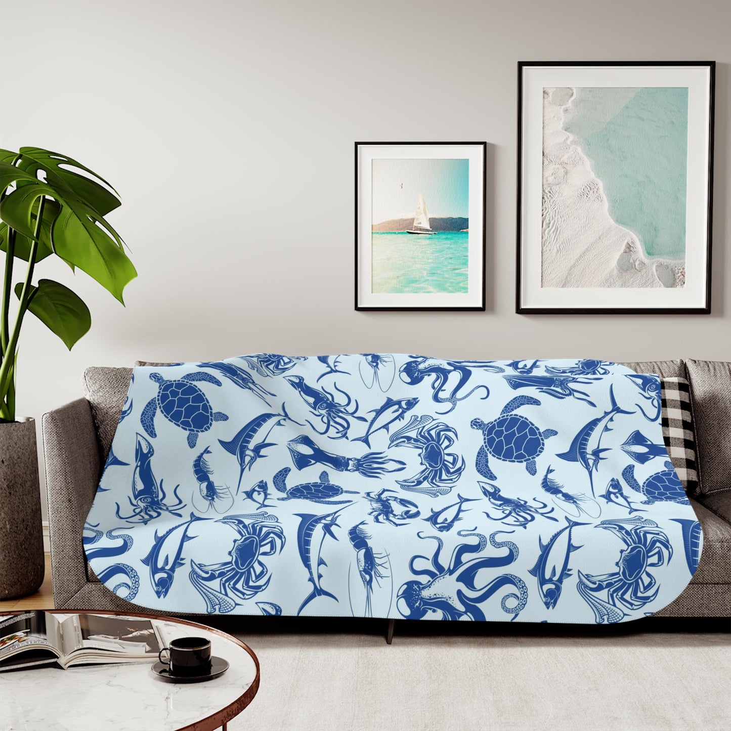 Sherpa Throw Blanket - Ocean life Nautical Blue - Soft Plush Throw Blanket-Jacobson Cottage