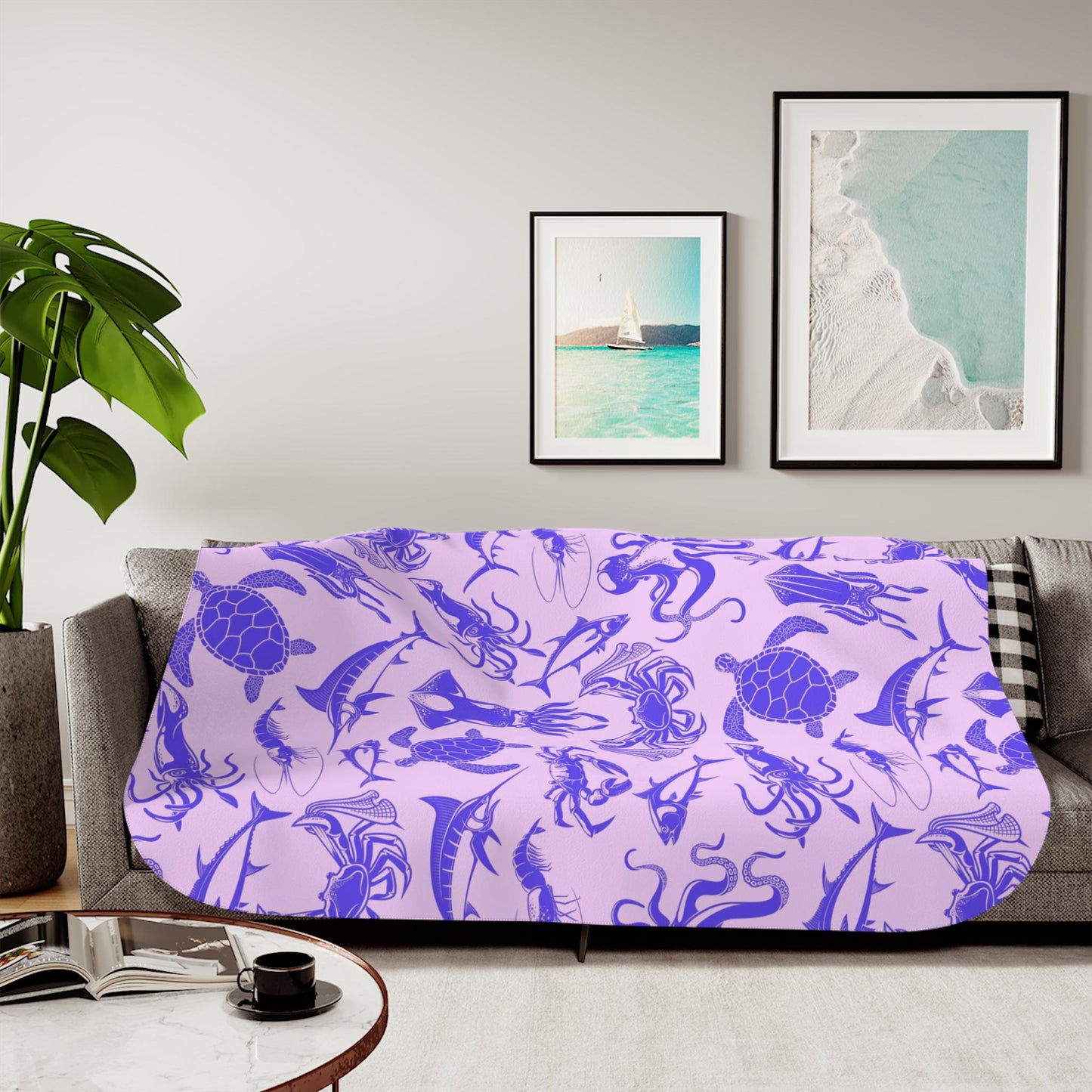 Sherpa Throw Blanket - Purple and Pink Ocean Sea Creatures Pattern Marine Life - Soft Plush Throw Blanket-Jacobson Cottage