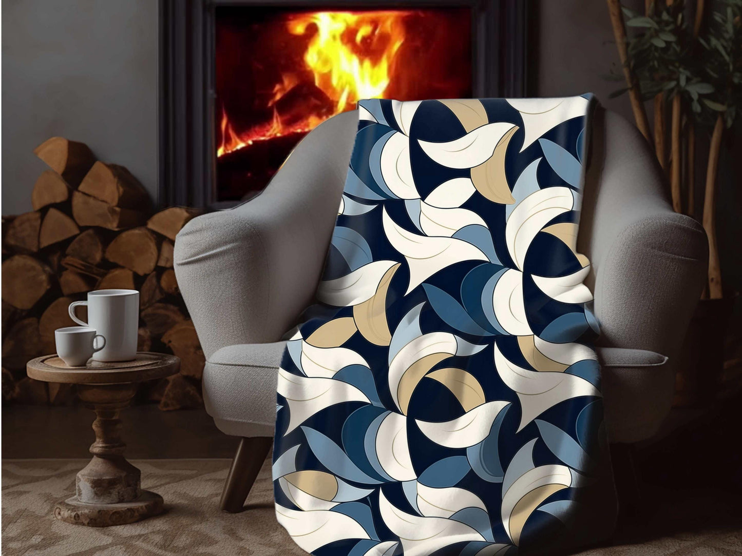 Sherpa Throw Blanket - Blue and Beige Abstract Wave Pattern Modern Geometric - Soft Plush Throw Blanket-Jacobson Cottage