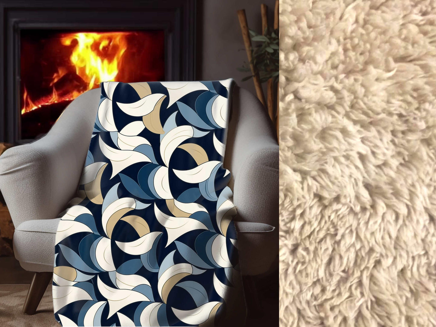 Sherpa Throw Blanket - Blue and Beige Abstract Wave Pattern Modern Geometric - Soft Plush Throw Blanket-Jacobson Cottage