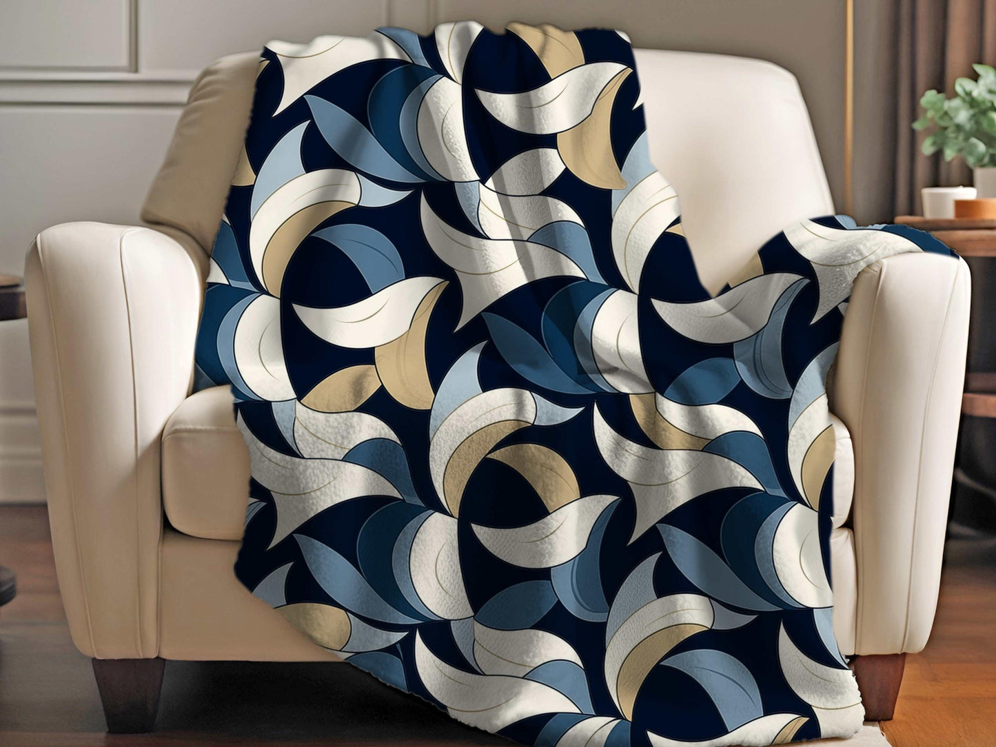 Sherpa Throw Blanket - Blue and Beige Abstract Wave Pattern Modern Geometric - Soft Plush Throw Blanket-Jacobson Cottage