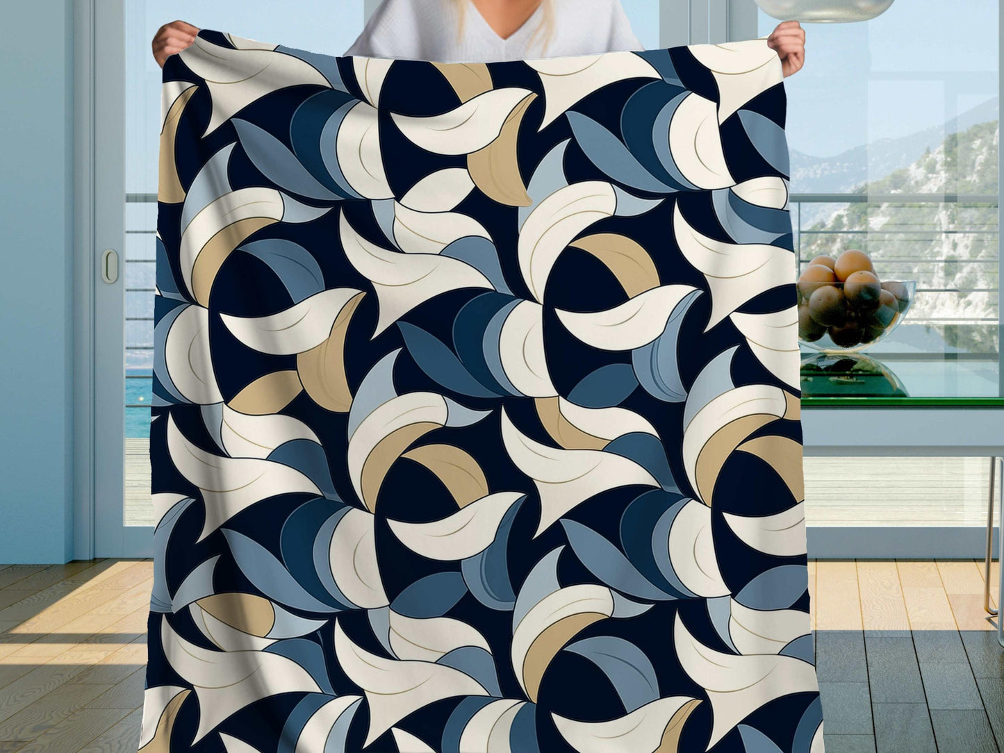 Sherpa Throw Blanket - Blue and Beige Abstract Wave Pattern Modern Geometric - Soft Plush Throw Blanket-Jacobson Cottage