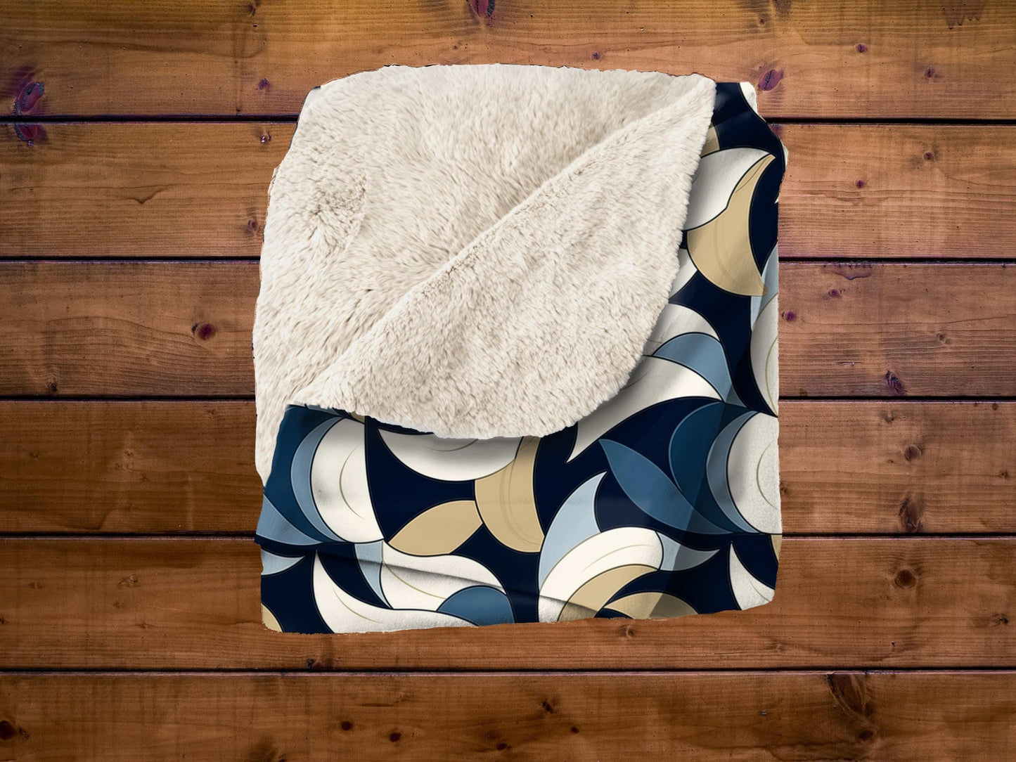 Sherpa Throw Blanket - Blue and Beige Abstract Wave Pattern Modern Geometric - Soft Plush Throw Blanket-Jacobson Cottage