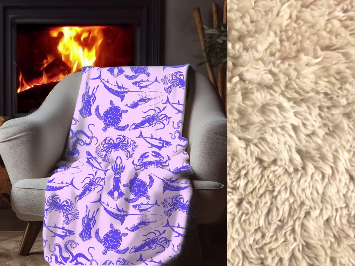Sherpa Throw Blanket - Purple and Pink Ocean Sea Creatures Pattern Marine Life - Soft Plush Throw Blanket-Jacobson Cottage