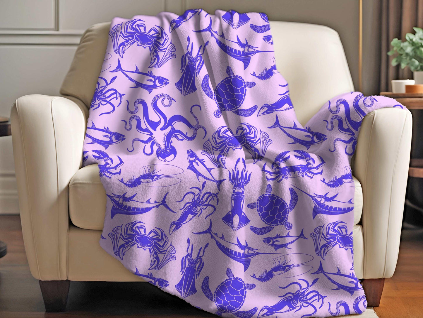 Sherpa Throw Blanket - Purple and Pink Ocean Sea Creatures Pattern Marine Life - Soft Plush Throw Blanket-Jacobson Cottage