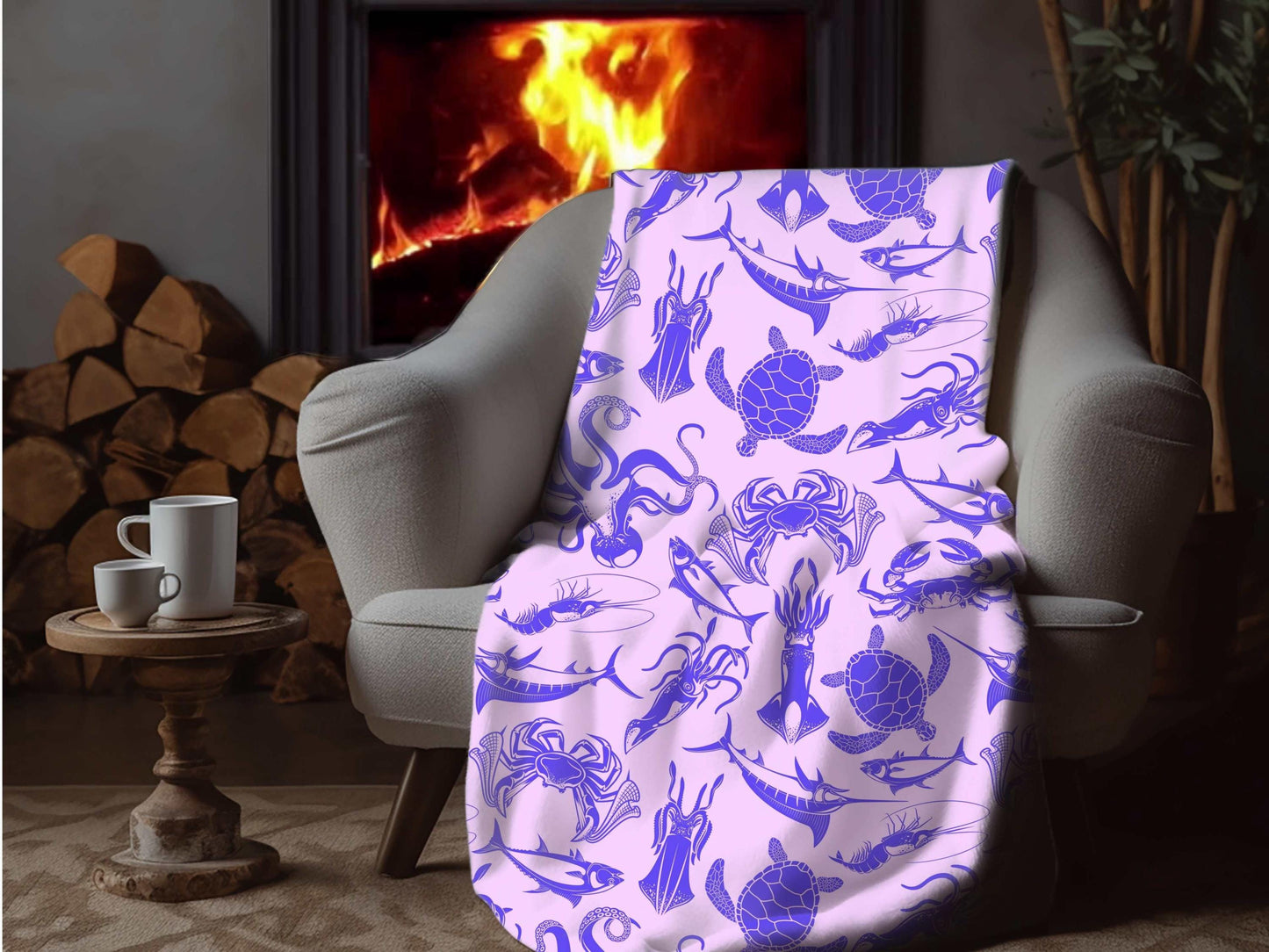 Sherpa Throw Blanket - Purple and Pink Ocean Sea Creatures Pattern Marine Life - Soft Plush Throw Blanket-Jacobson Cottage