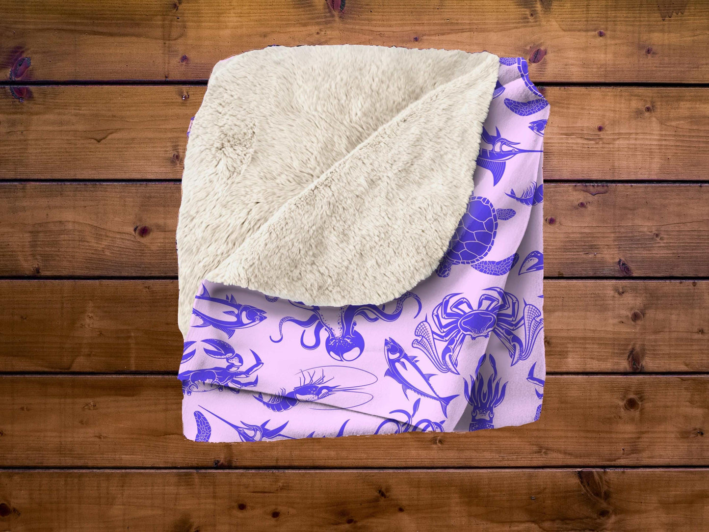 Sherpa Throw Blanket - Purple and Pink Ocean Sea Creatures Pattern Marine Life - Soft Plush Throw Blanket-Jacobson Cottage