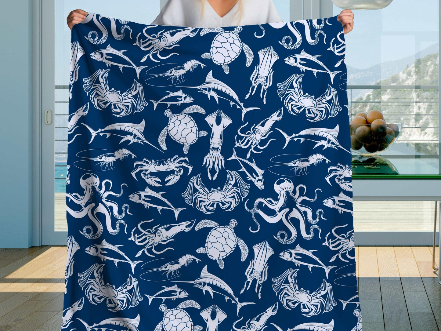 Sherpa Throw Blanket - Blanket Navy Ocean Sea Creatures Pattern Marine Life - Soft Plush Throw Blanket-Jacobson Cottage