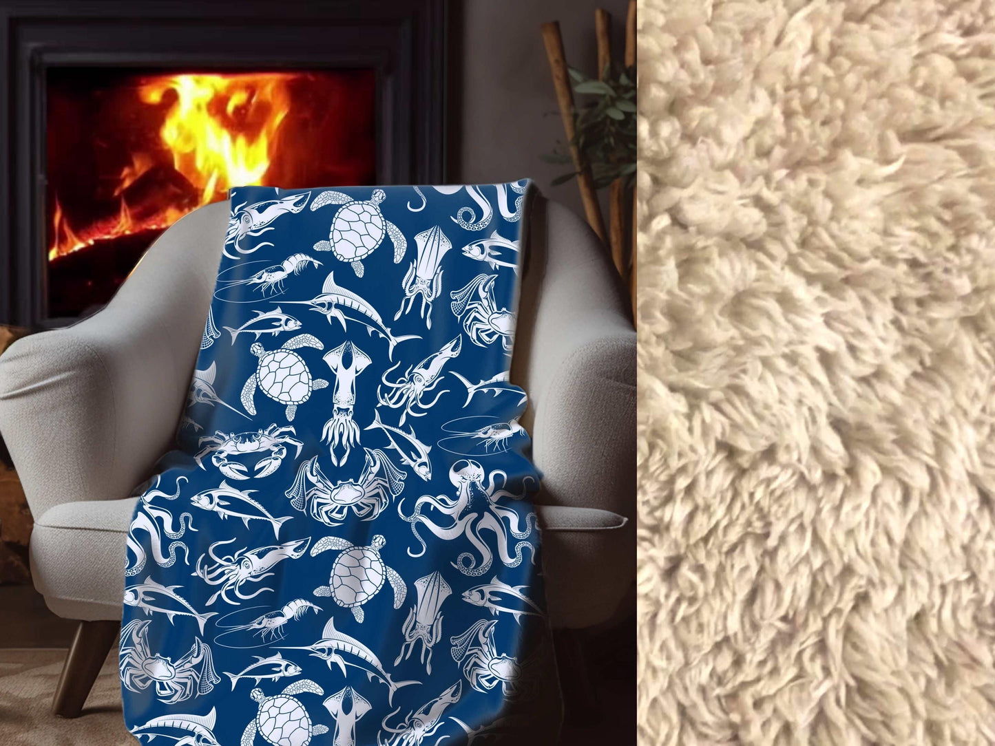 Sherpa Throw Blanket - Blanket Navy Ocean Sea Creatures Pattern Marine Life - Soft Plush Throw Blanket-Jacobson Cottage