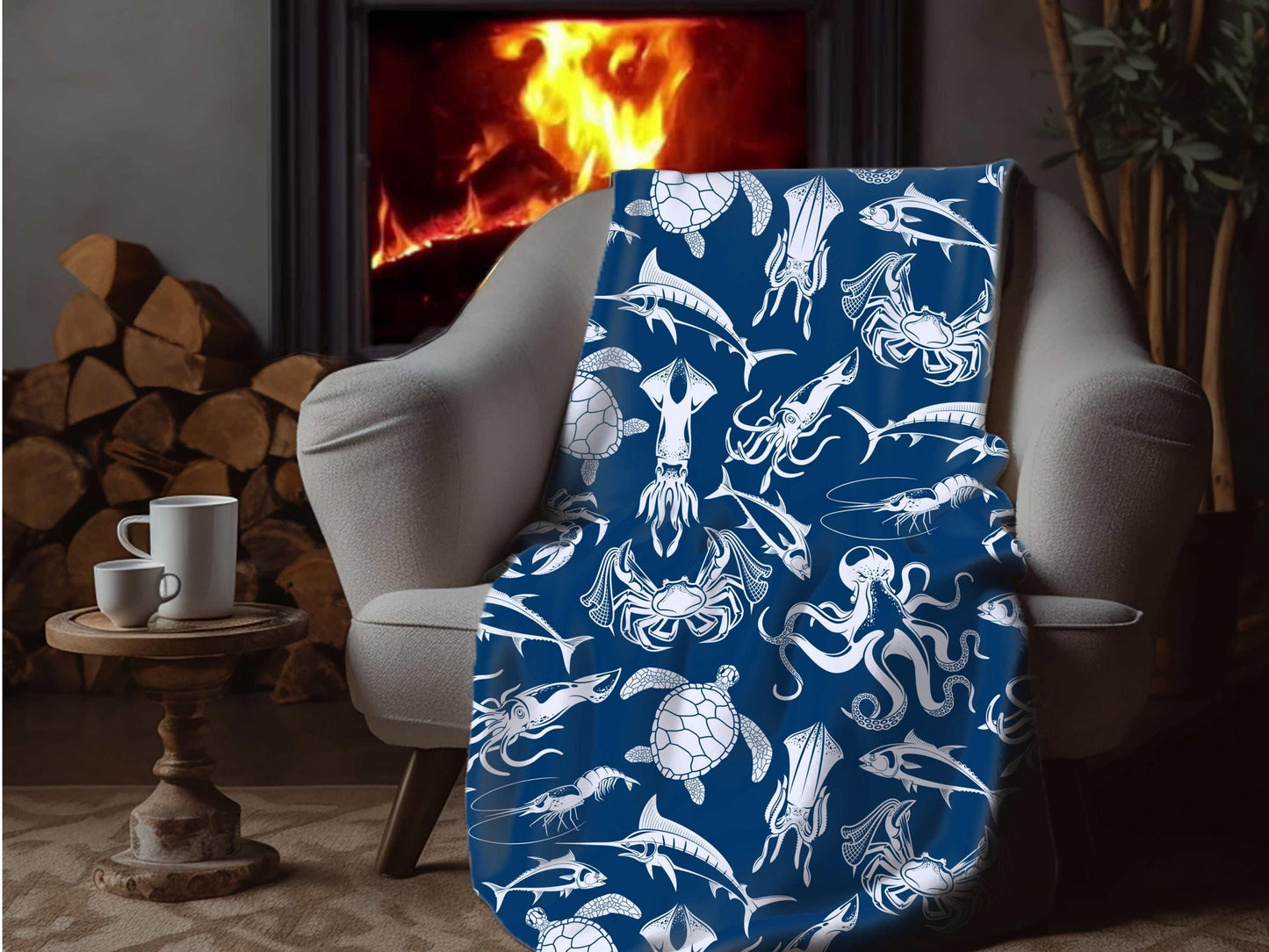 Sherpa Throw Blanket - Blanket Navy Ocean Sea Creatures Pattern Marine Life - Soft Plush Throw Blanket-Jacobson Cottage