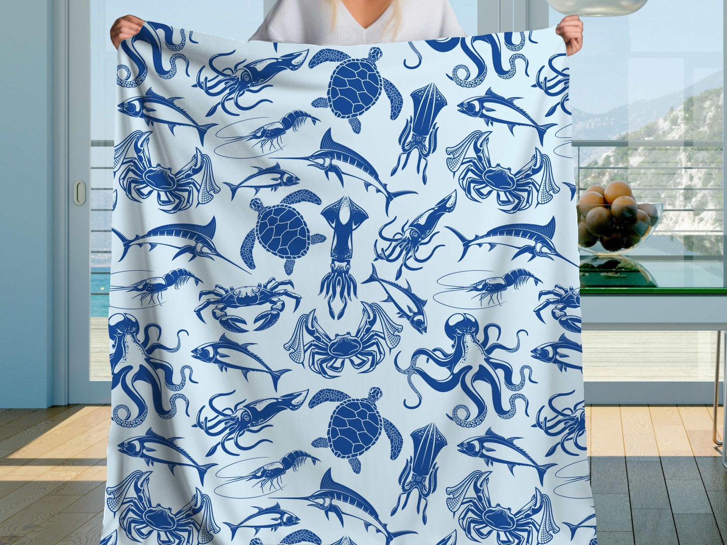 Sherpa Throw Blanket - Ocean life Nautical Blue - Soft Plush Throw Blanket-Jacobson Cottage