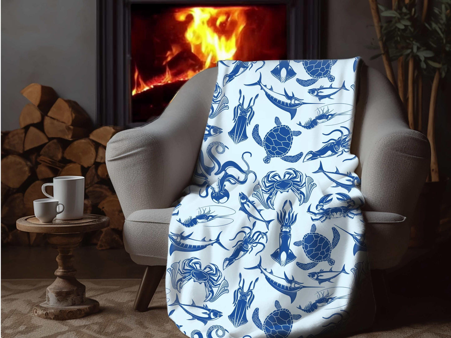 Sherpa Throw Blanket - Ocean life Nautical Blue - Soft Plush Throw Blanket-Jacobson Cottage