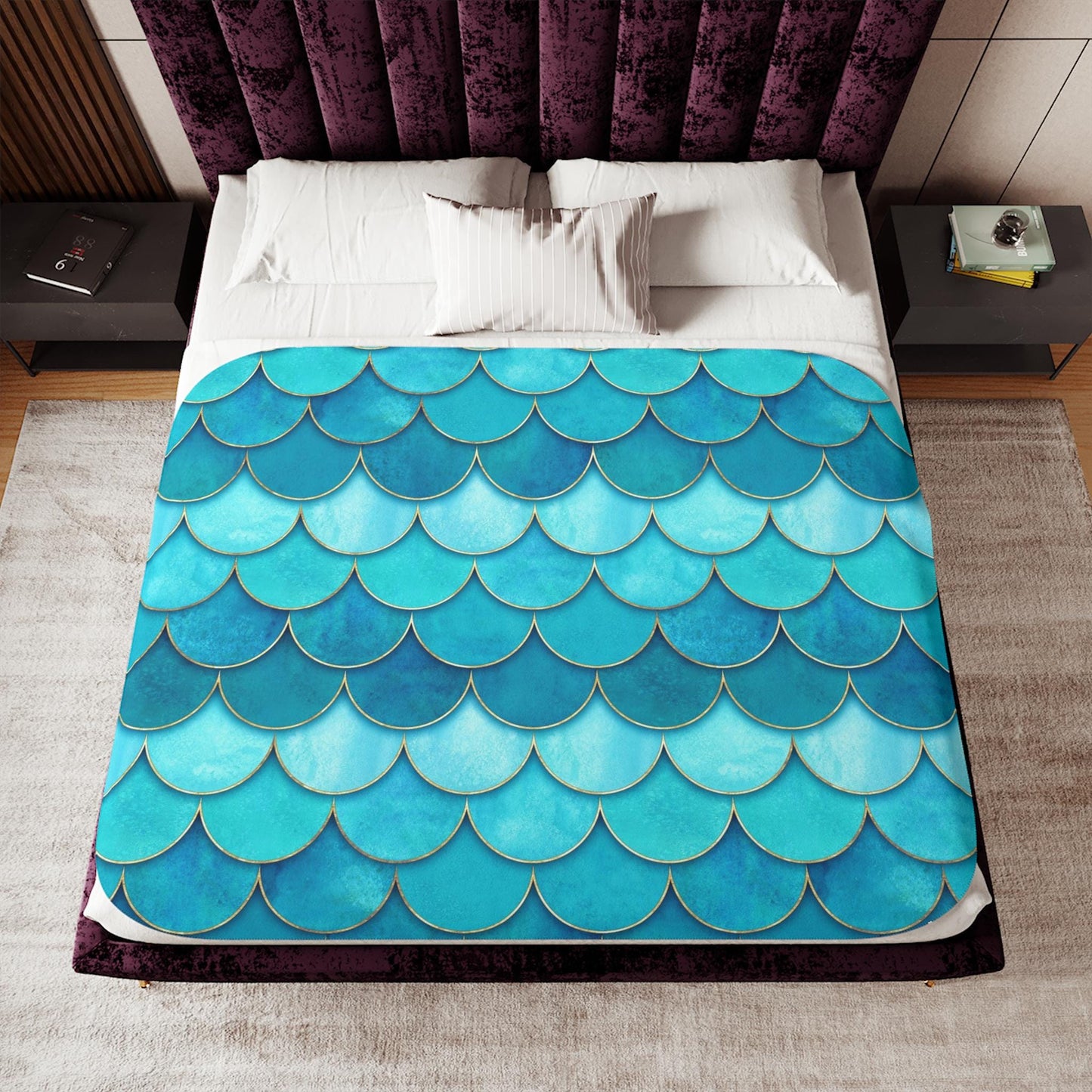 Sherpa Throw Blanket - Teal and Aqua Mermaid Scale Pattern - Soft Plush Throw Blanket-Jacobson Cottage