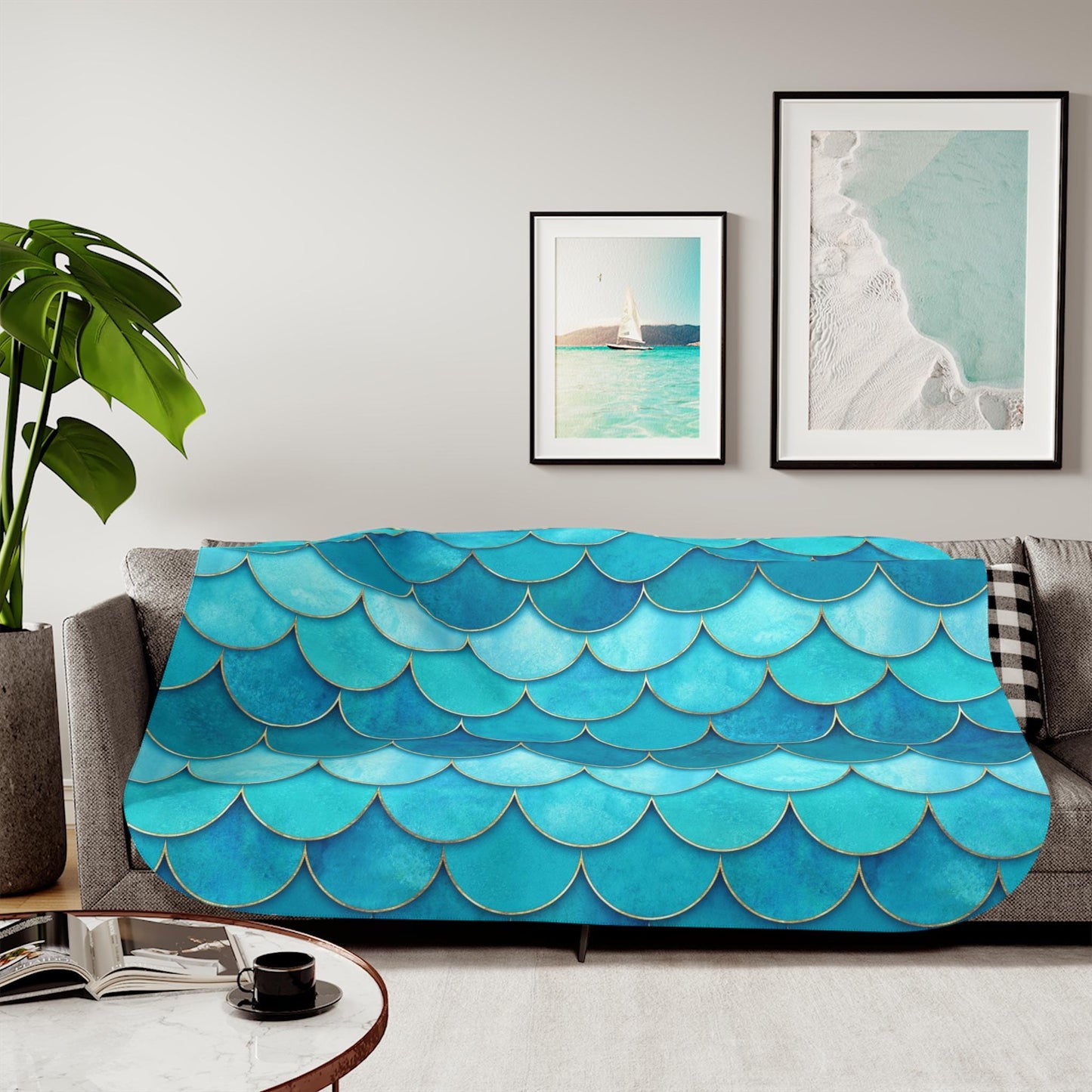 Sherpa Throw Blanket - Teal and Aqua Mermaid Scale Pattern - Soft Plush Throw Blanket-Jacobson Cottage