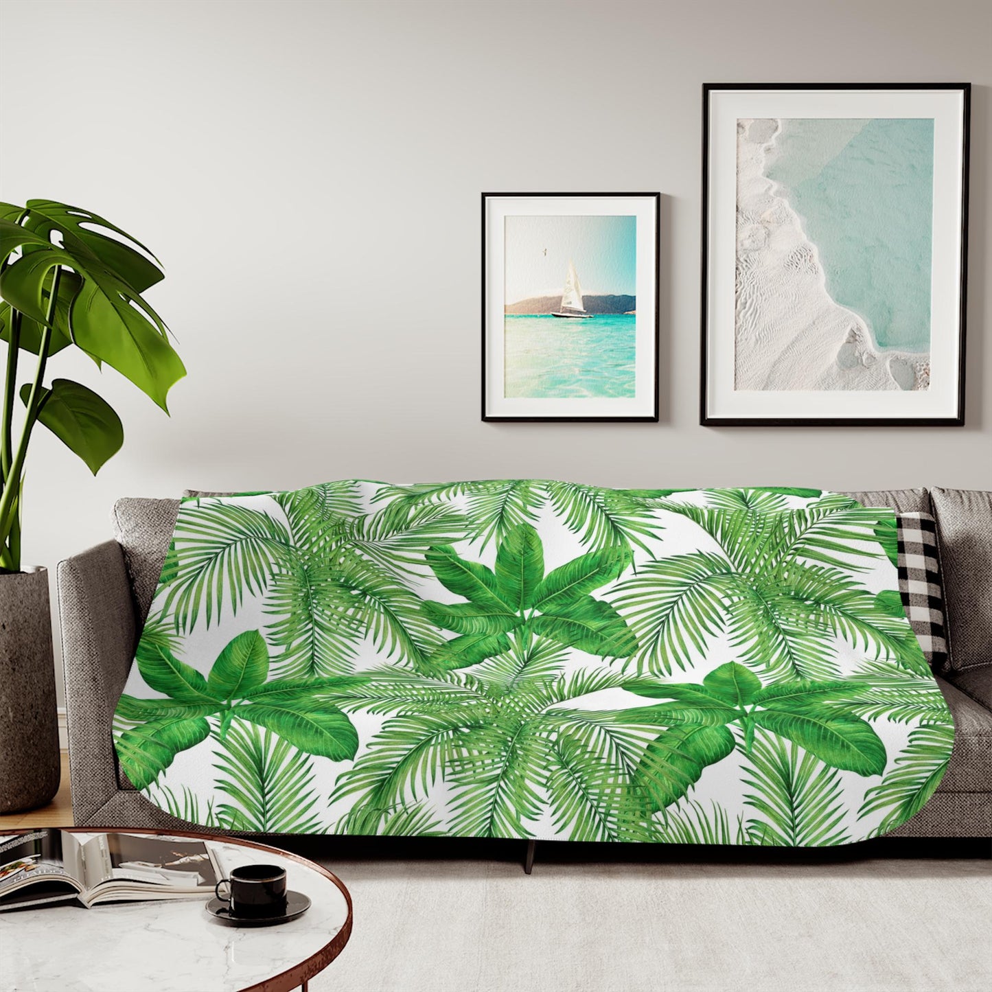 Sherpa Throw Blanket - Tropical Green Palm Leaf Pattern Jungle Inspired - Soft Plush Throw Blanket-Jacobson Cottage