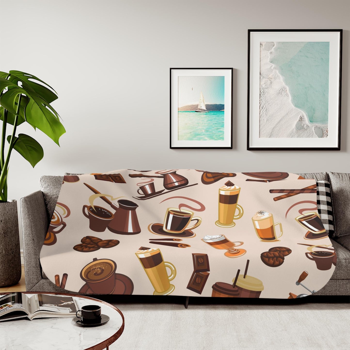 Sherpa Throw Blanket - Coffee Drink Pattern Cozy Barista Style - Soft Plush Throw Blanket-Jacobson Cottage