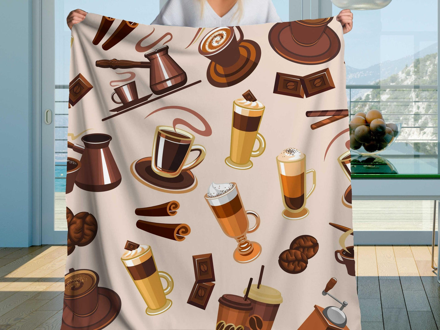 Sherpa Throw Blanket - Coffee Drink Pattern Cozy Barista Style - Soft Plush Throw Blanket-Jacobson Cottage