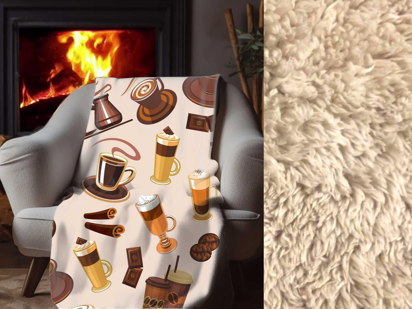 Sherpa Throw Blanket - Coffee Drink Pattern Cozy Barista Style - Soft Plush Throw Blanket-Jacobson Cottage