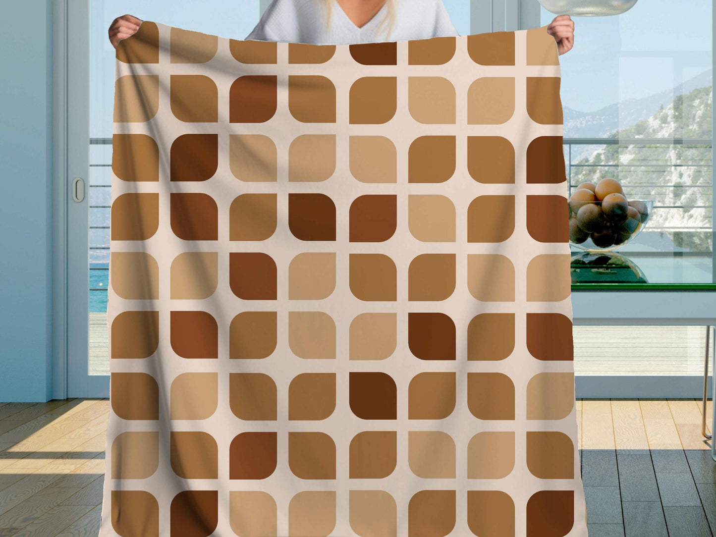 Sherpa Throw Blanket - Sherpa Blanket Retro Brown Geometric Square Pattern Mid-Century Modern - Soft Plush Throw Blanket-Jacobson Cottage