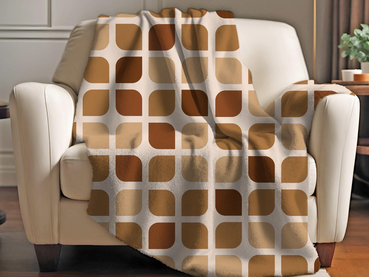 Sherpa Throw Blanket - Sherpa Blanket Retro Brown Geometric Square Pattern Mid-Century Modern - Soft Plush Throw Blanket-Jacobson Cottage