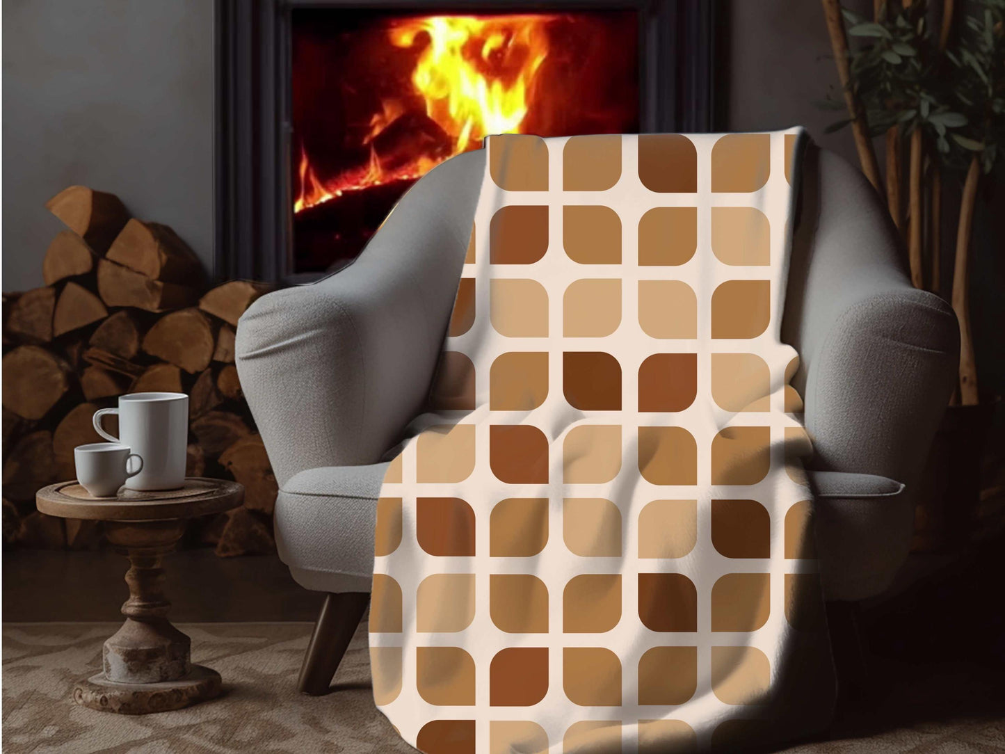 Sherpa Throw Blanket - Sherpa Blanket Retro Brown Geometric Square Pattern Mid-Century Modern - Soft Plush Throw Blanket-Jacobson Cottage