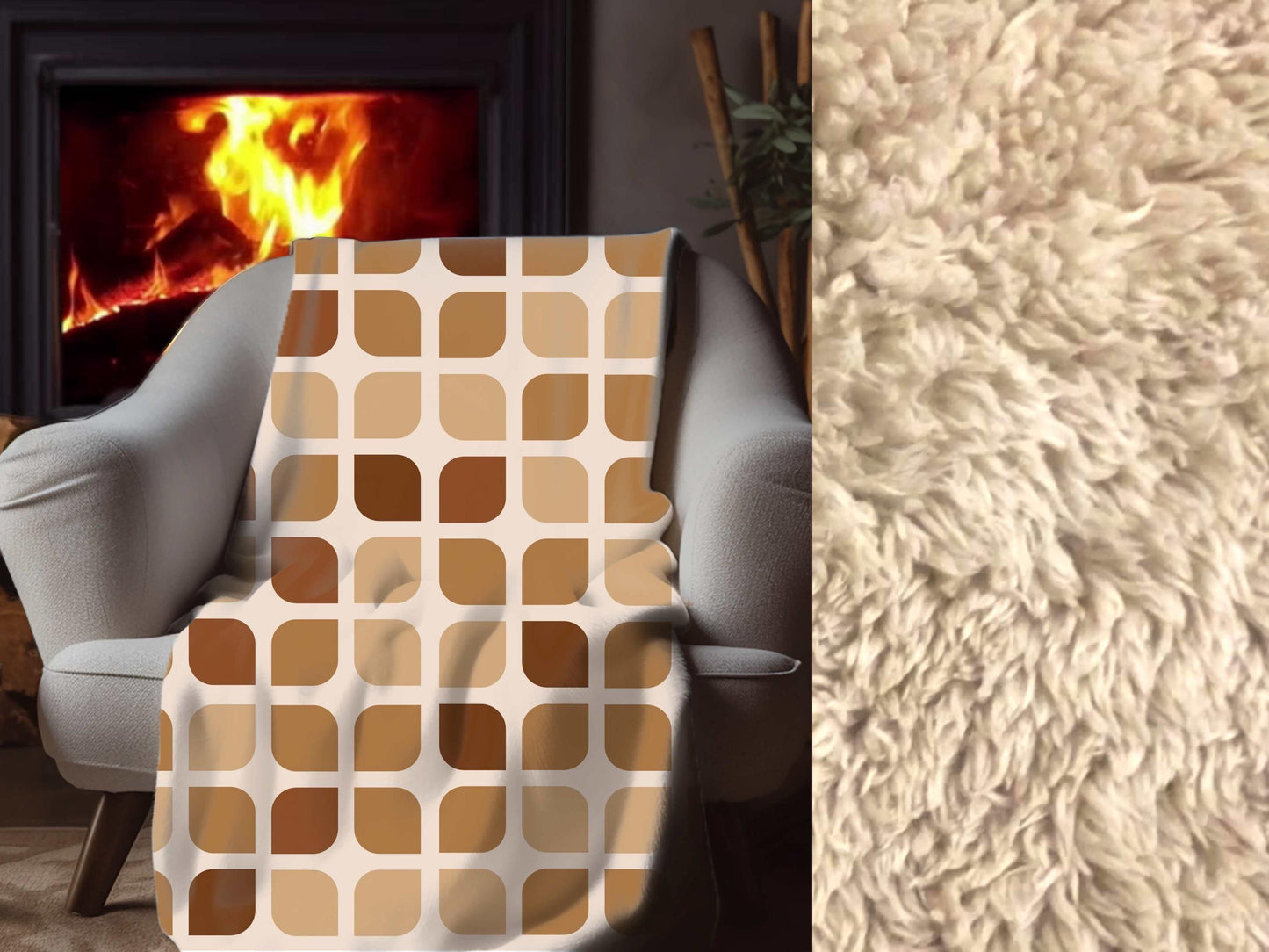 Sherpa Throw Blanket - Sherpa Blanket Retro Brown Geometric Square Pattern Mid-Century Modern - Soft Plush Throw Blanket-Jacobson Cottage
