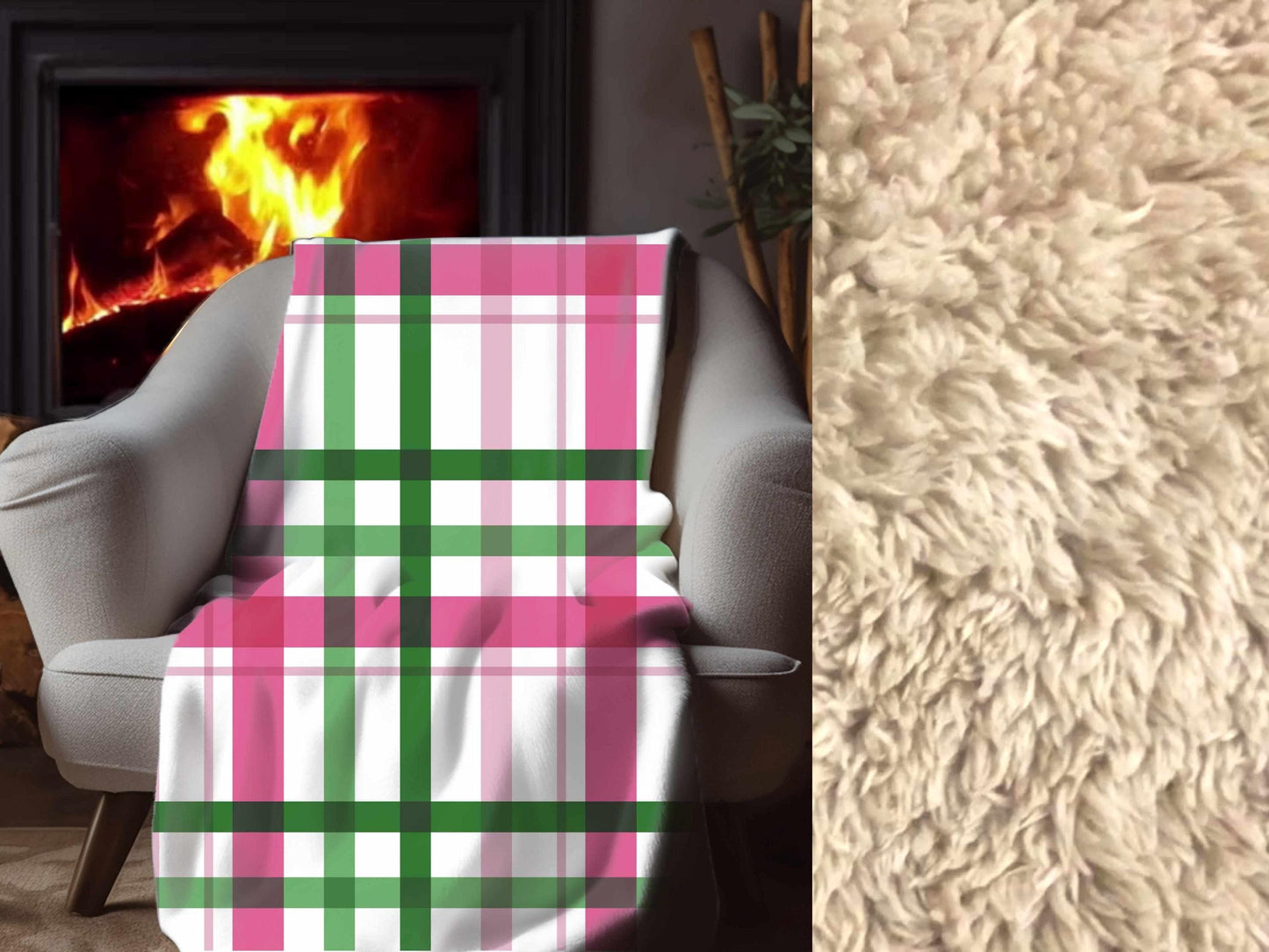 Sherpa Throw Blanket - Pink and Green Plaid Pattern Cozy Farmhouse Style - Soft Plush Throw Blanket-Jacobson Cottage
