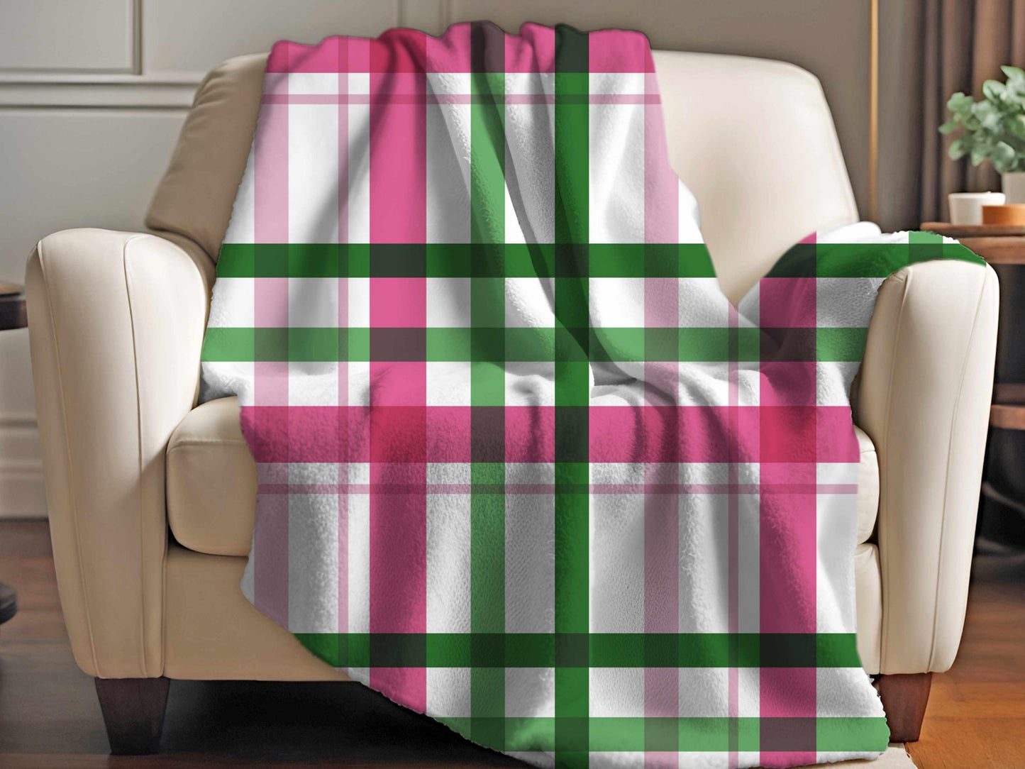 Sherpa Throw Blanket - Pink and Green Plaid Pattern Cozy Farmhouse Style - Soft Plush Throw Blanket-Jacobson Cottage