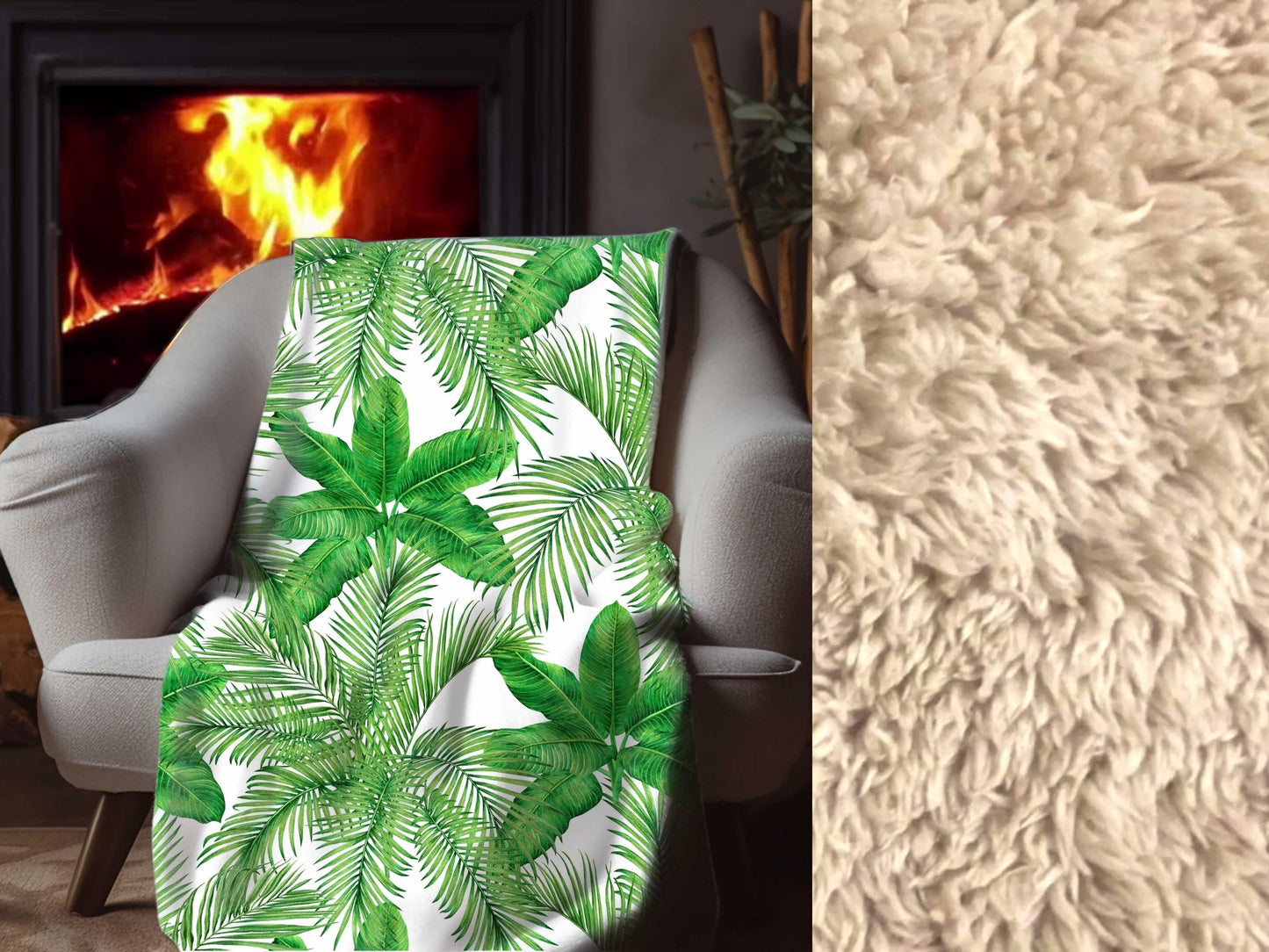 Sherpa Throw Blanket - Tropical Green Palm Leaf Pattern Jungle Inspired - Soft Plush Throw Blanket-Jacobson Cottage