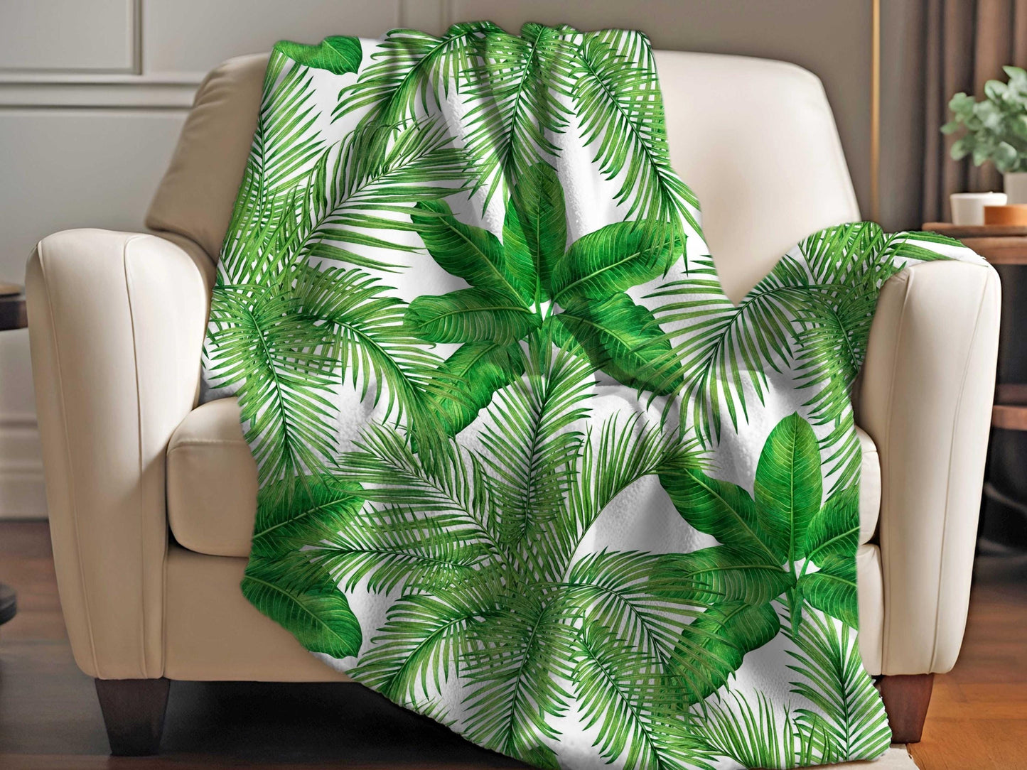 Sherpa Throw Blanket - Tropical Green Palm Leaf Pattern Jungle Inspired - Soft Plush Throw Blanket-Jacobson Cottage
