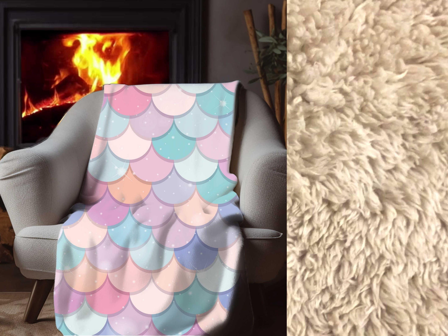 Sherpa Throw Blanket - Pastel Mermaid Scales - Soft Plush Throw Blanket-Jacobson Cottage