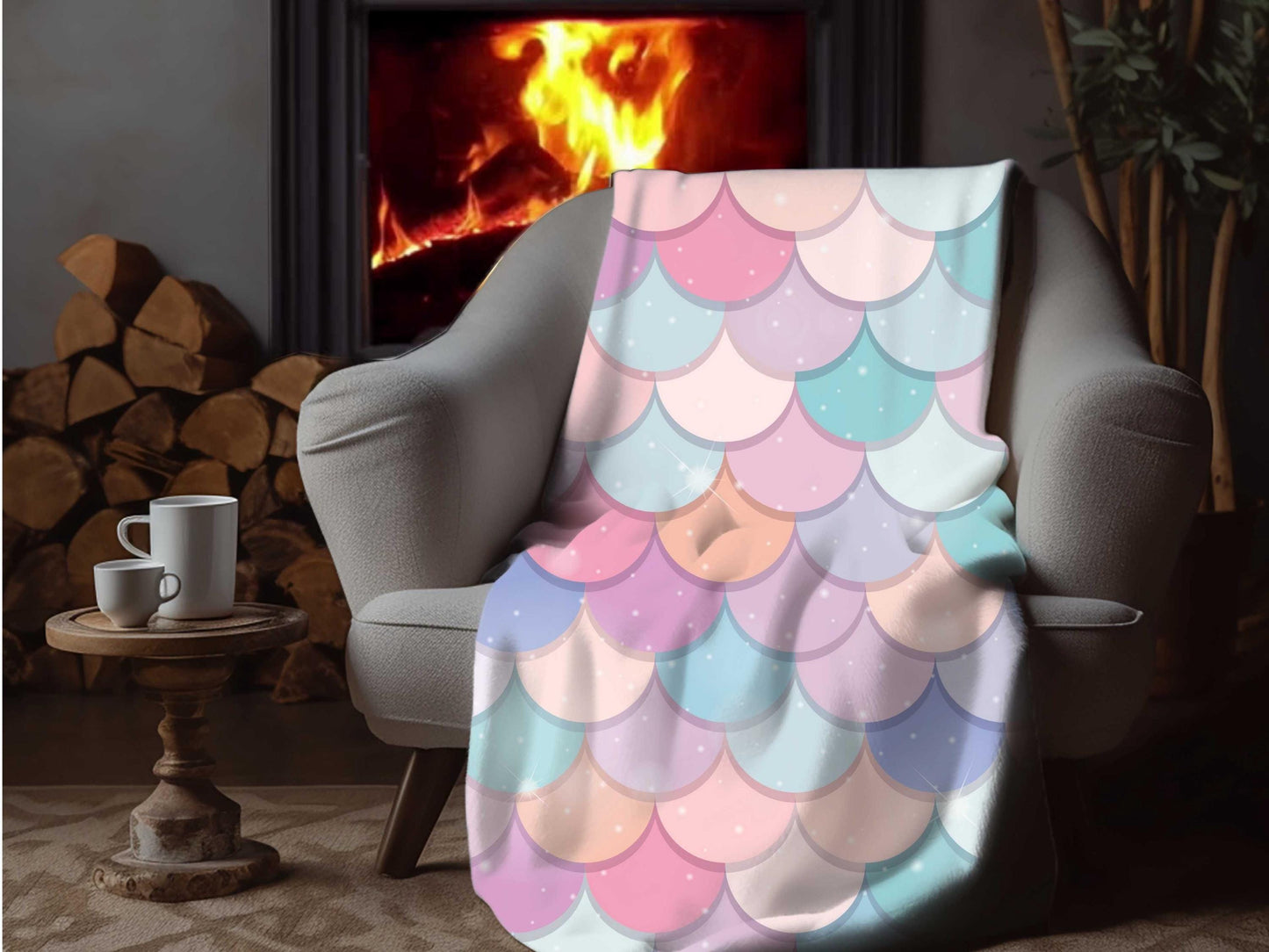 Sherpa Throw Blanket - Pastel Mermaid Scales - Soft Plush Throw Blanket-Jacobson Cottage
