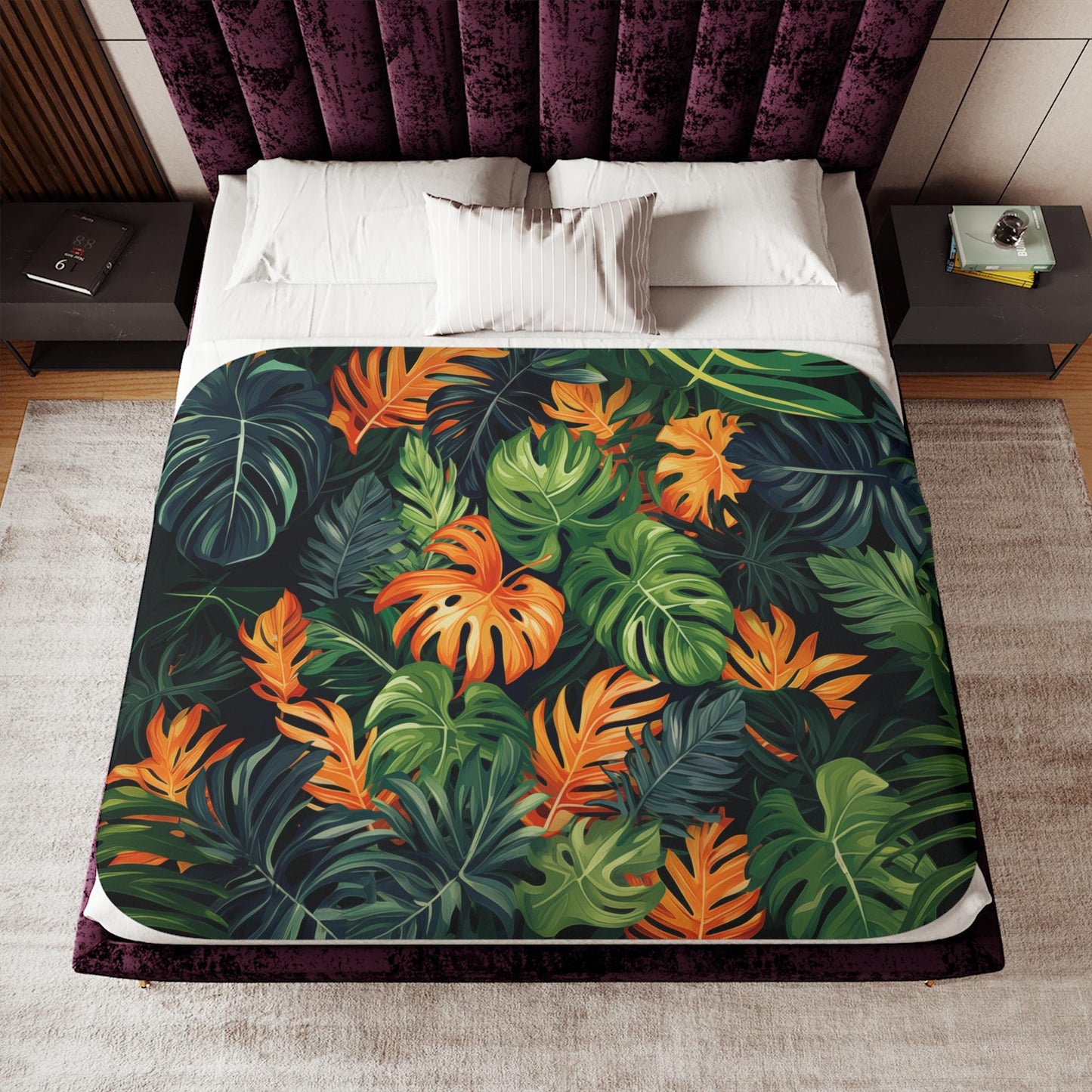 Sherpa Throw Blanket - Tropical Jungle Monstera Leaf Design - Soft Plush Throw Blanket-Jacobson Cottage