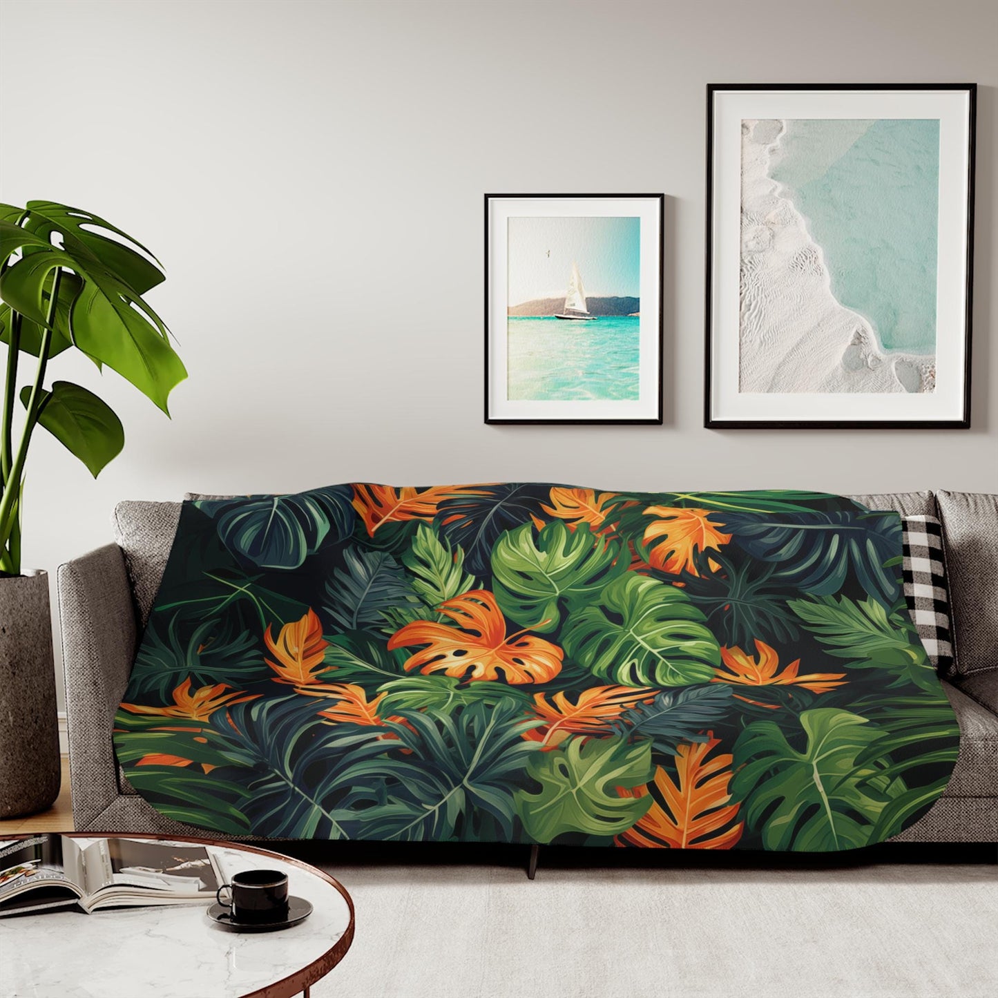 Sherpa Throw Blanket - Tropical Jungle Monstera Leaf Design - Soft Plush Throw Blanket-Jacobson Cottage