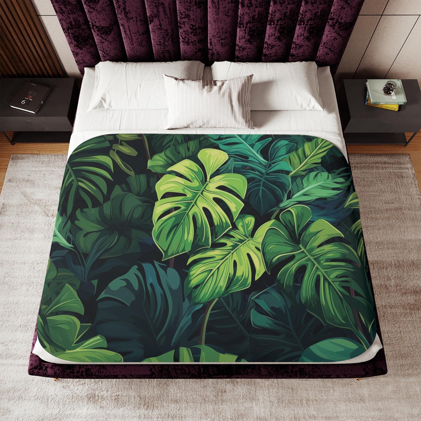 Sherpa Throw Blanket - Tropical Jungle Monstera Leaf Design Blue and Green -Soft Plush Throw Blanket-Jacobson Cottage