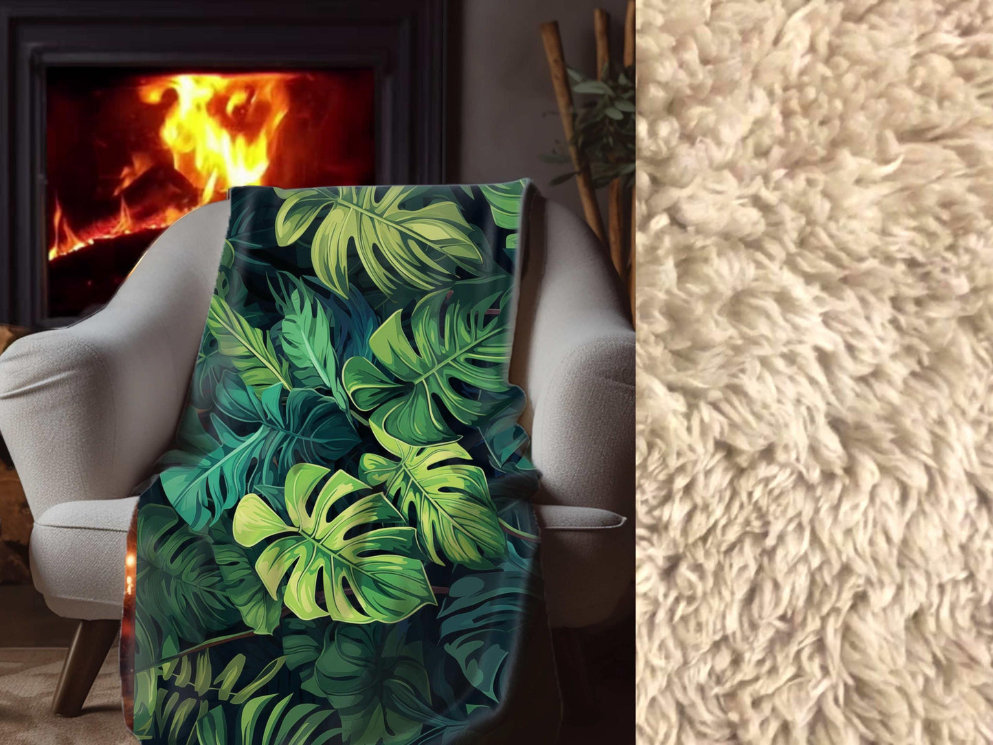 Sherpa Throw Blanket - Tropical Jungle Monstera Leaf Design Blue and Green -Soft Plush Throw Blanket-Jacobson Cottage