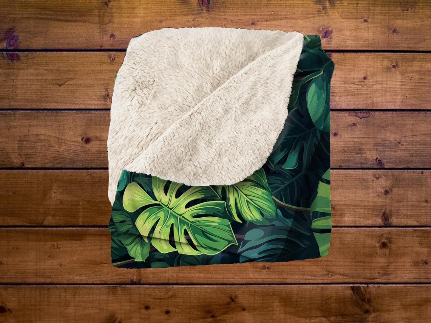 Sherpa Throw Blanket - Tropical Jungle Monstera Leaf Design Blue and Green -Soft Plush Throw Blanket-Jacobson Cottage