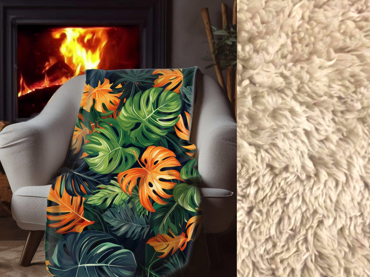Sherpa Throw Blanket - Tropical Jungle Monstera Leaf Design - Soft Plush Throw Blanket-Jacobson Cottage