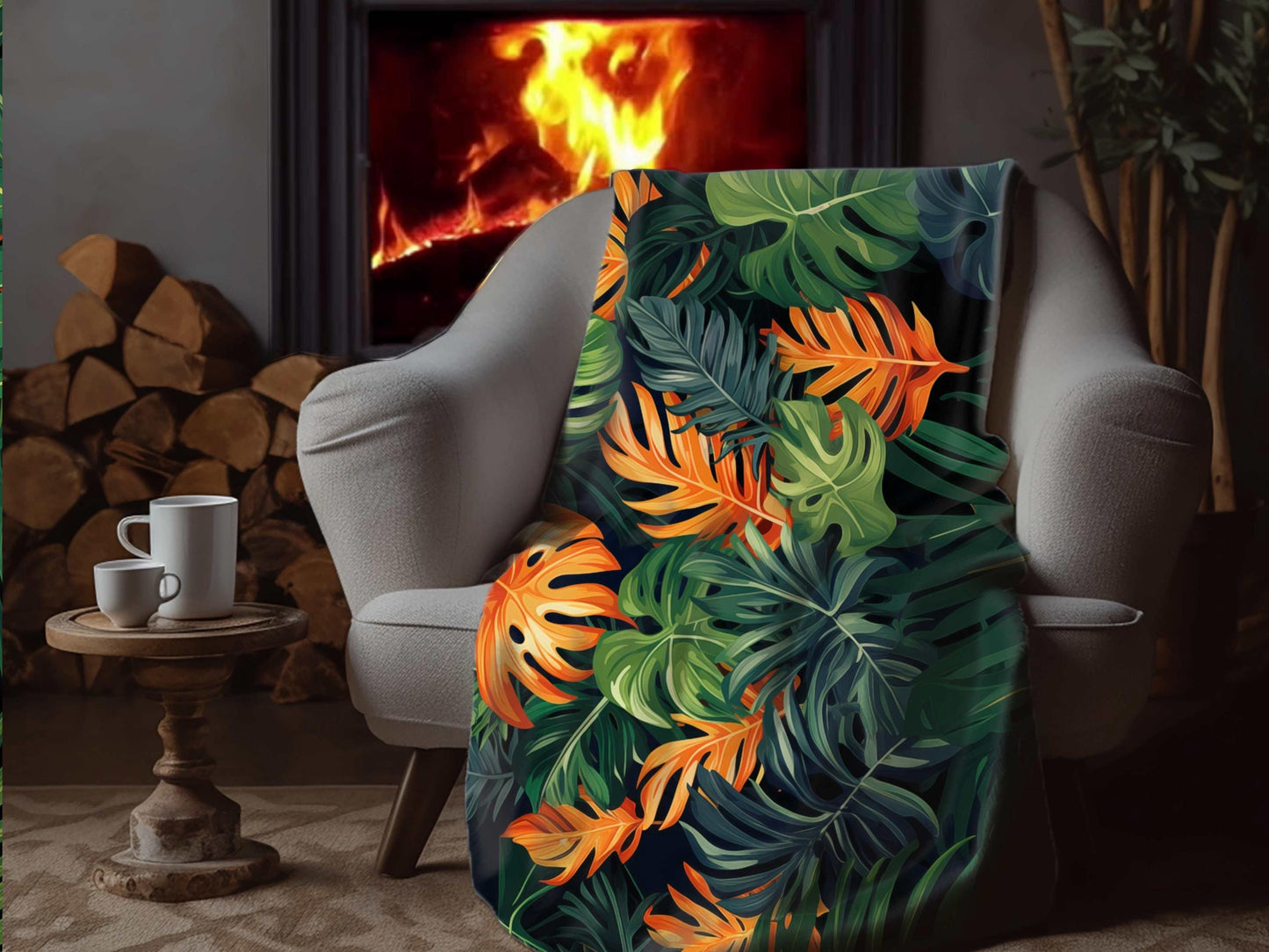 Sherpa Throw Blanket - Tropical Jungle Monstera Leaf Design - Soft Plush Throw Blanket-Jacobson Cottage